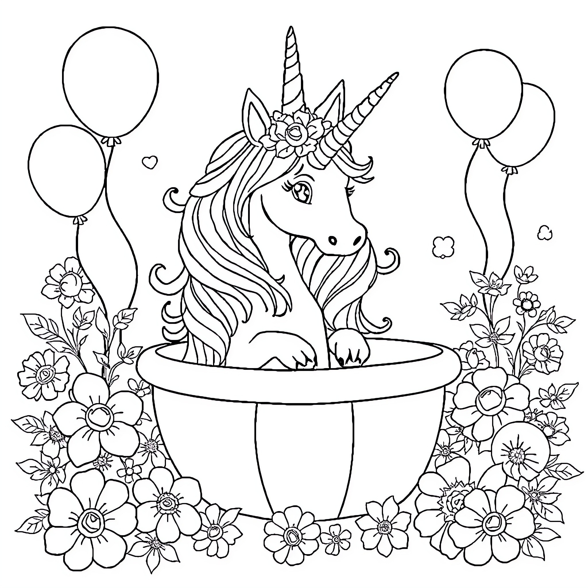 Unicorn surrounded by flowers and balloons Coloring Page (free black-and-white line drawing printable PDF for all, from beginners to advanced learners, including children, teens, adults, and seniors)