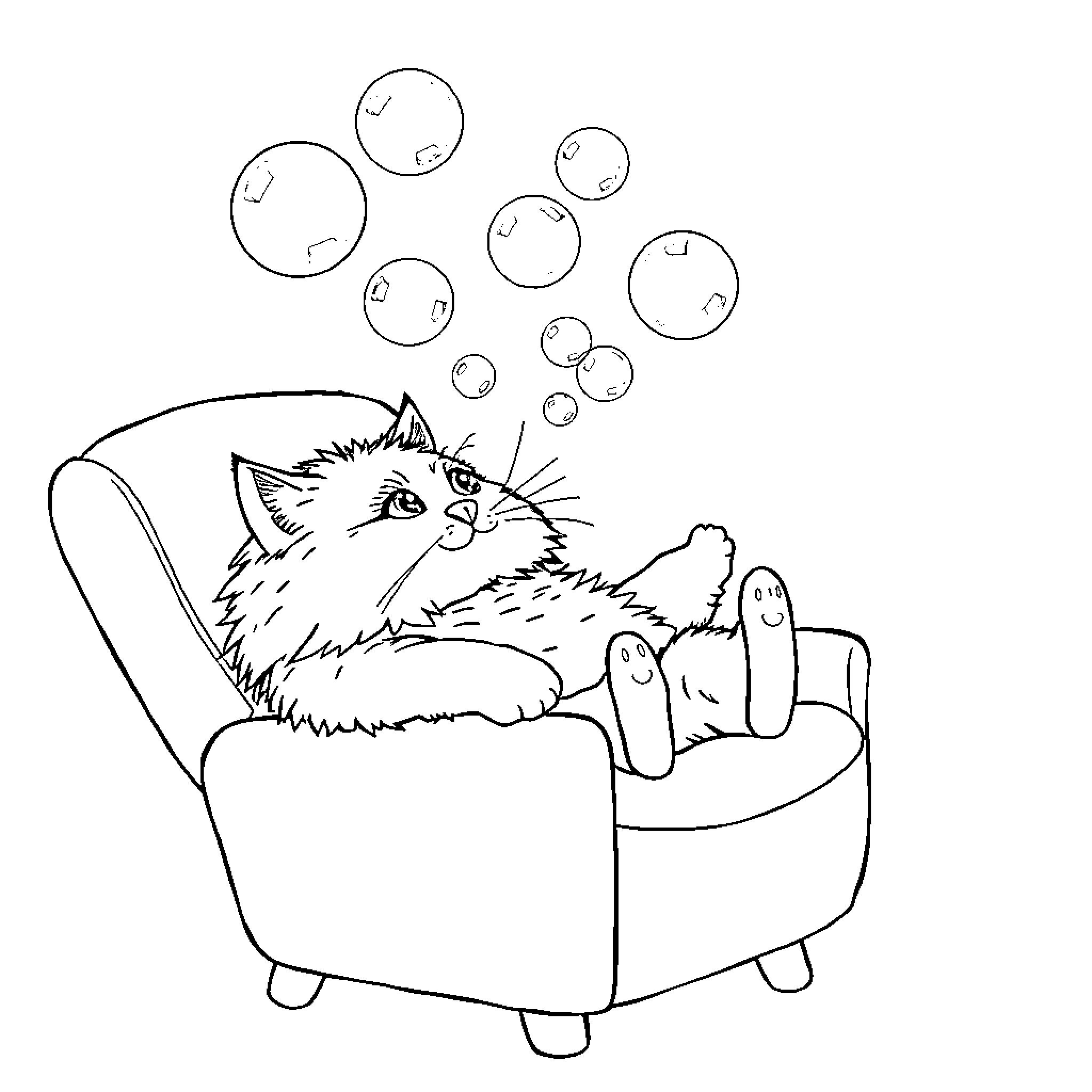 Cat relaxing on a cozy chair with bubbles Coloring Page (free black-and-white line drawing printable PDF for all, from beginners to advanced learners, including children, teens, adults, and seniors)