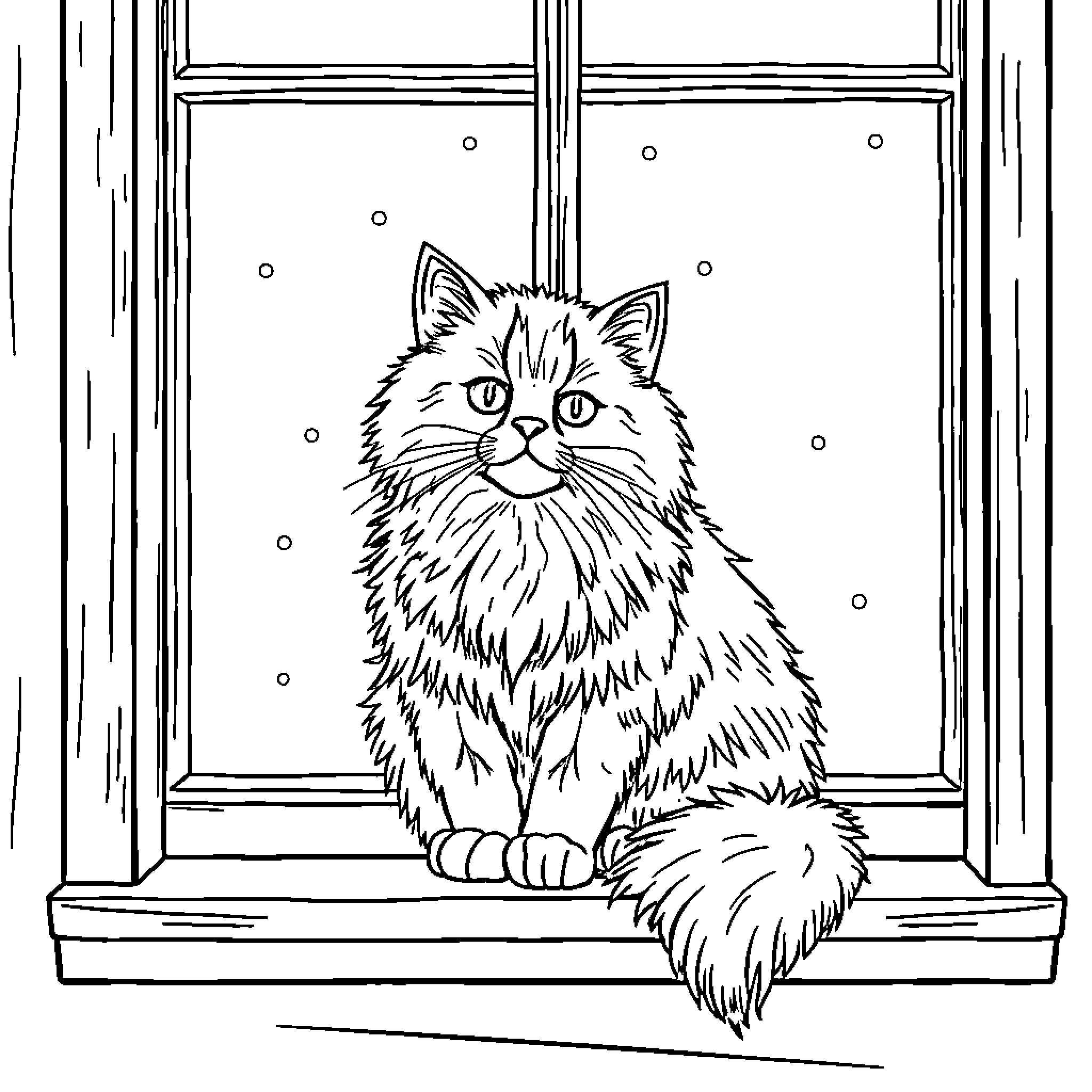 Cat sitting by the snowy window Coloring Page (free black-and-white line drawing printable PDF for all, from beginners to advanced learners, including children, teens, adults, and seniors)