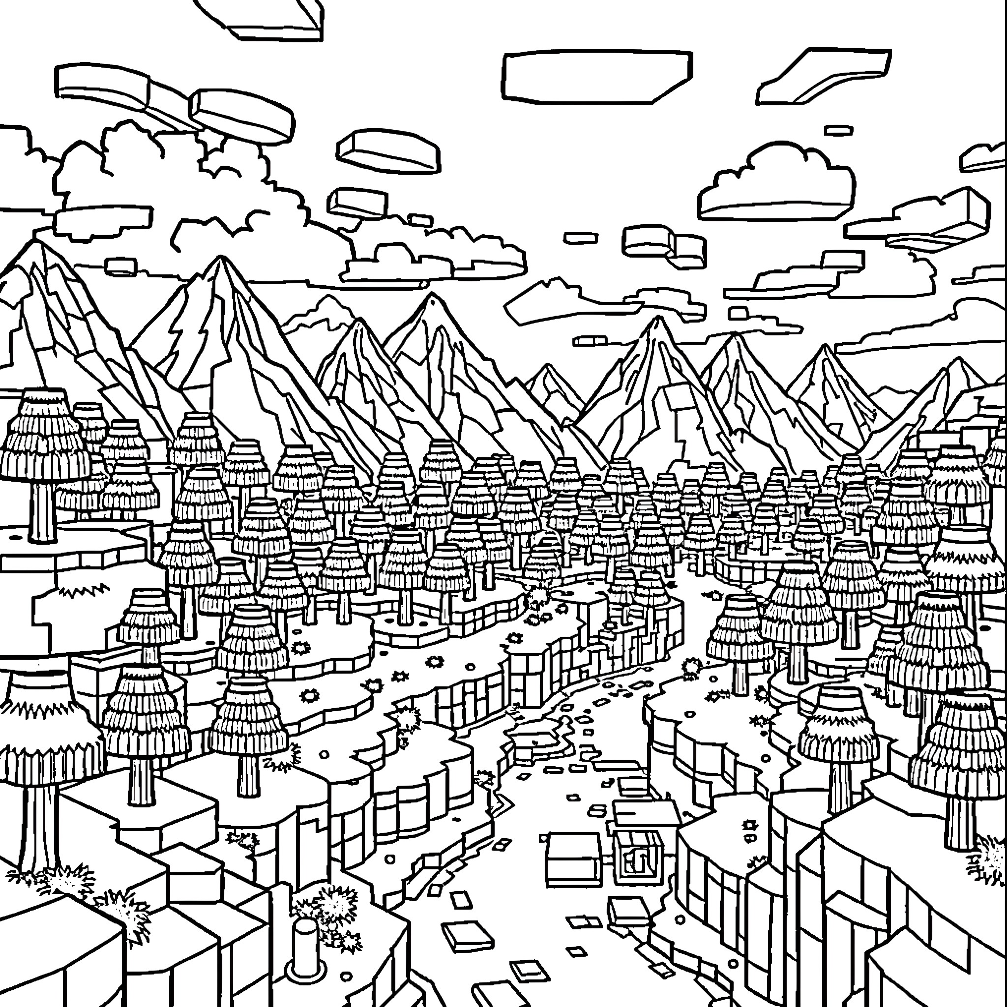 Minecraft Cityscape with Mountainous Landscape Coloring Page (free black-and-white line drawing printable PDF for all, from beginners to advanced learners, including children, teens, adults, and seniors)