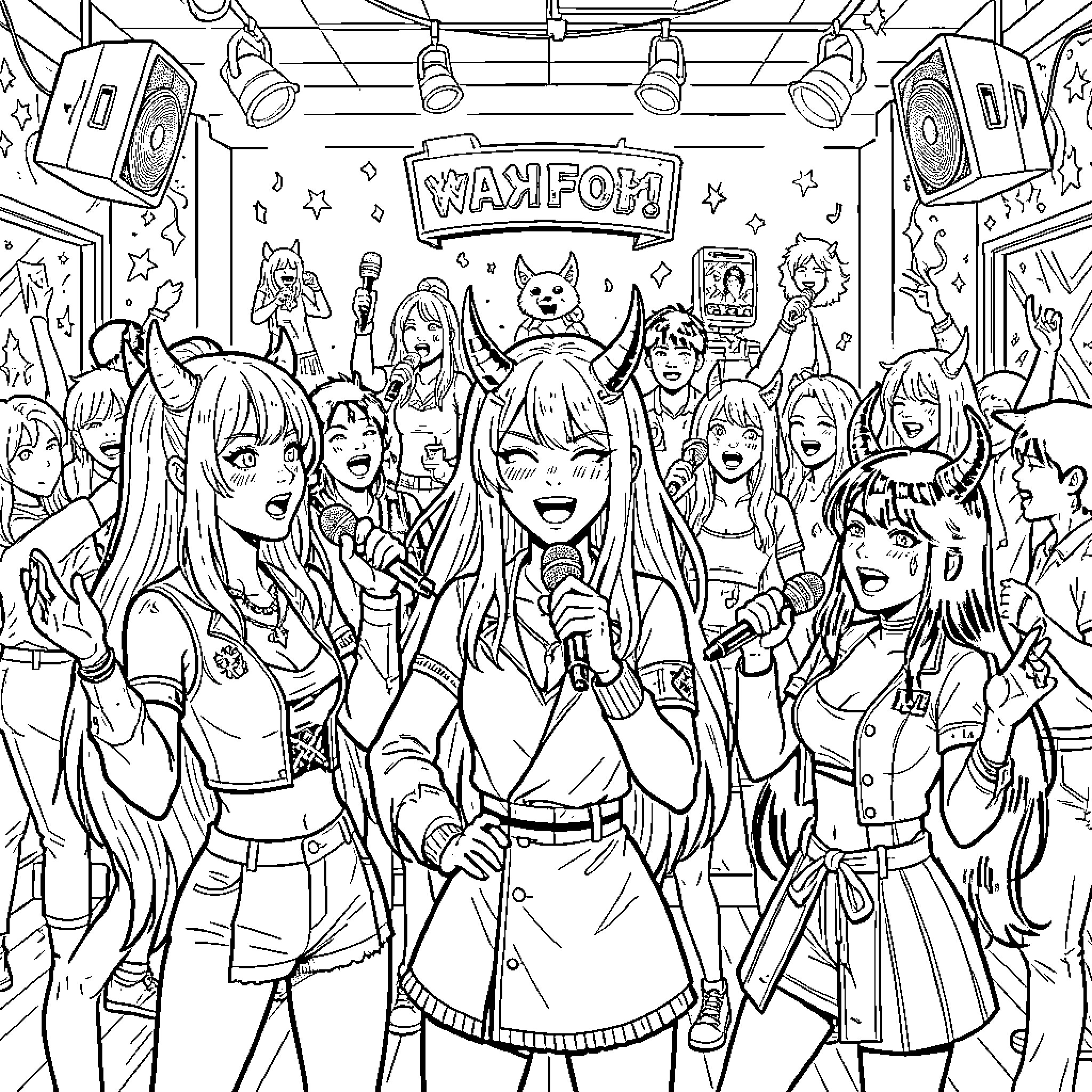 Demon girls performing enthusiastically on a concert stage Coloring Page (free black-and-white line drawing printable PDF for all, from beginners to advanced learners, including children, teens, adults, and seniors)