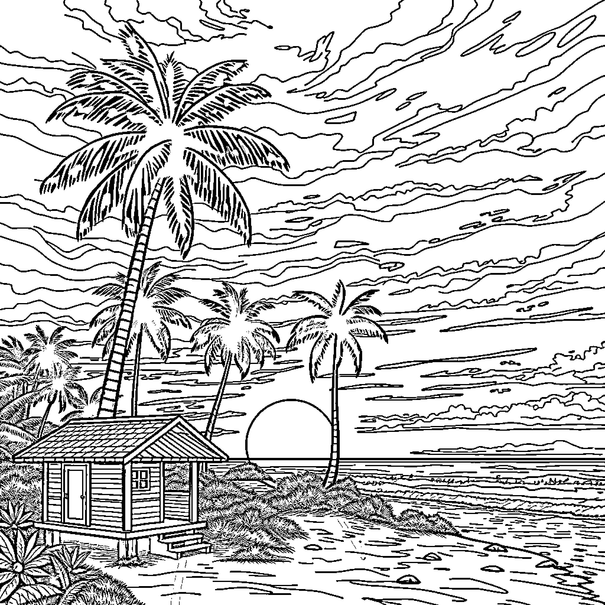 Sunset on a tropical beach with palm trees Coloring Page (free black-and-white line drawing printable PDF for all, from beginners to advanced learners, including children, teens, adults, and seniors)