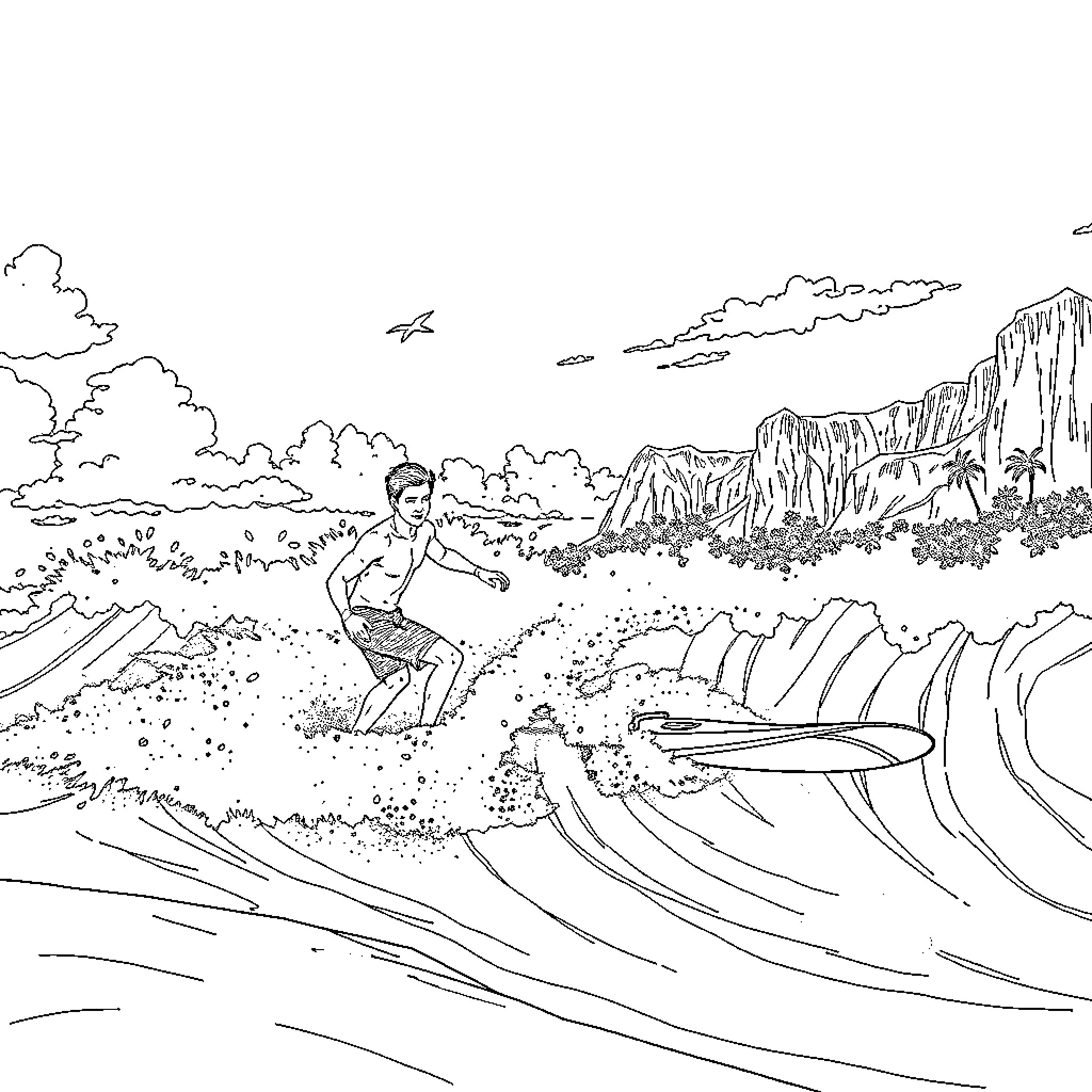 Edward Cullen surfing the crashing waves Coloring Page (free black-and-white line drawing printable PDF for all, from beginners to advanced learners, including children, teens, adults, and seniors)