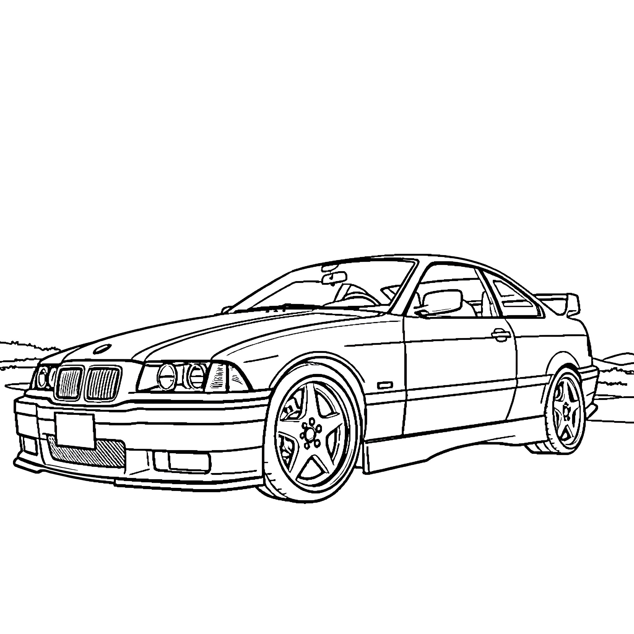 E36 BMW sports car in racing-inspired design Coloring Page (free black-and-white line drawing printable PDF for all, from beginners to advanced learners, including children, teens, adults, and seniors)