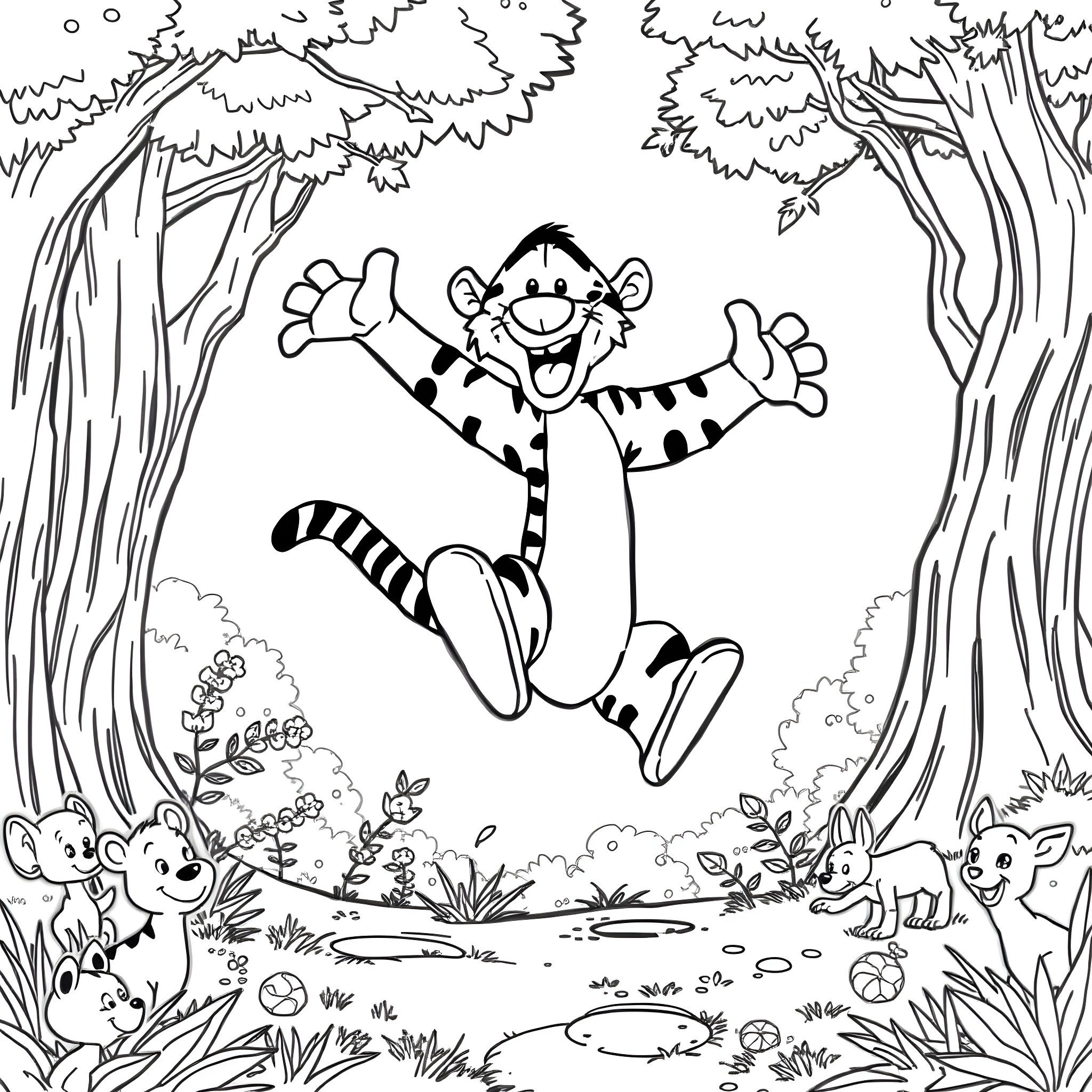 Tigger bouncing happily through the forest Coloring Page (free black-and-white line drawing printable PDF for all, from beginners to advanced learners, including children, teens, adults, and seniors)