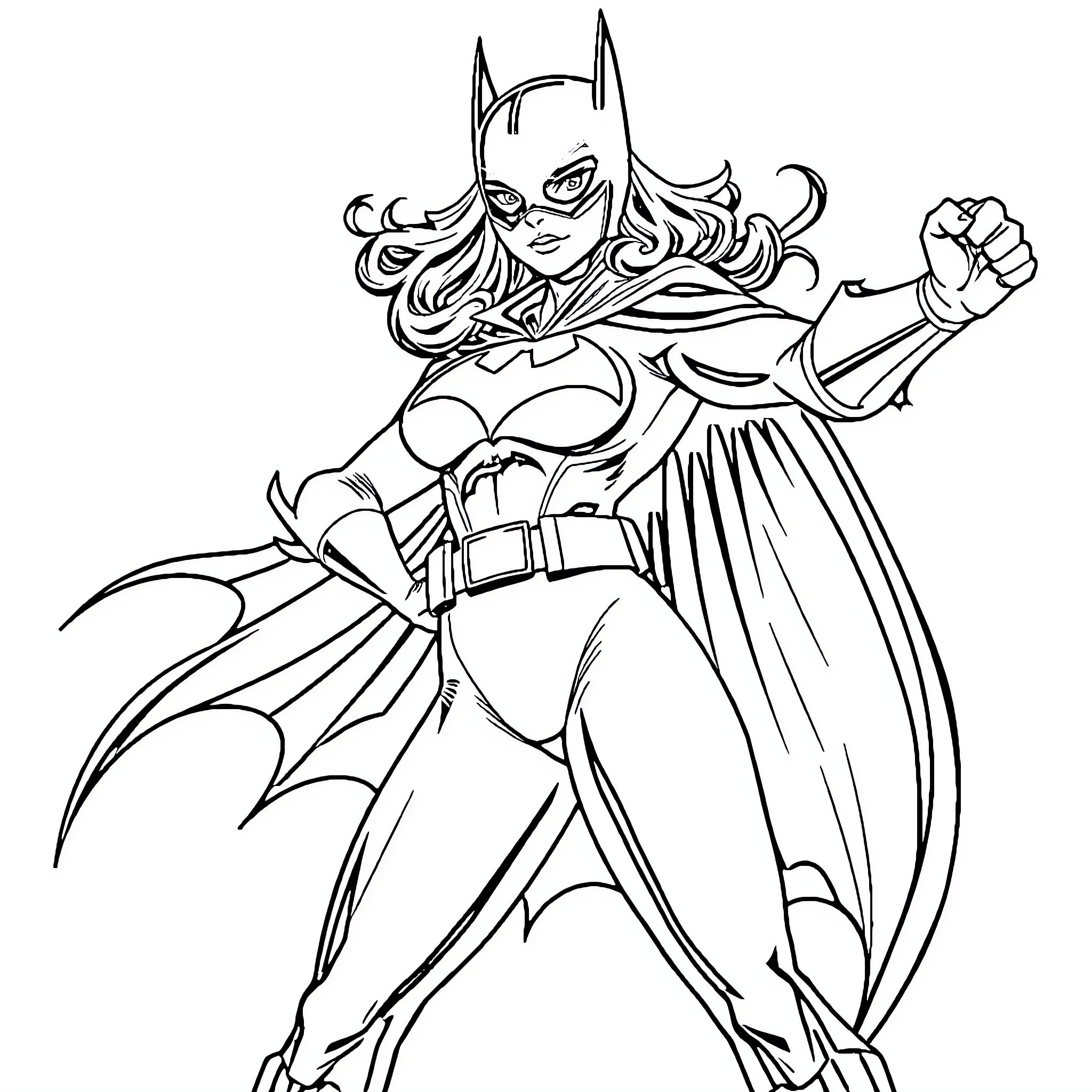 Batgirl in action pose with cape and utility belt Coloring Page (free black-and-white line drawing printable PDF for all, from beginners to advanced learners, including children, teens, adults, and seniors)
