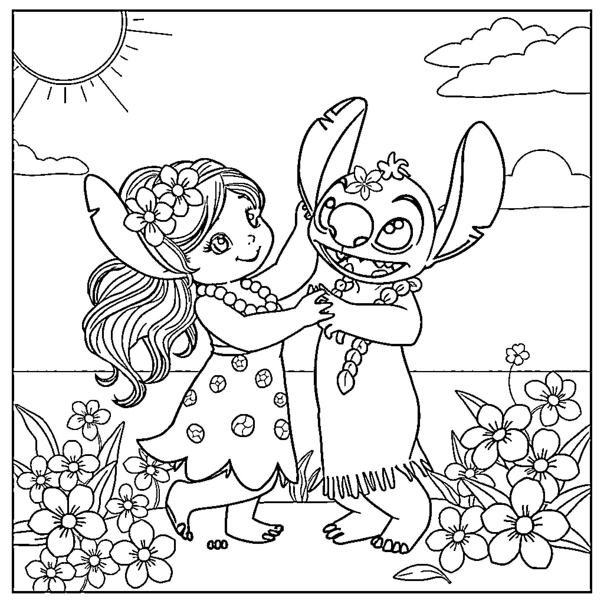 Lilo and Stitch playing happily in the garden Coloring Page (free black-and-white line drawing printable PDF for all, from beginners to advanced learners, including children, teens, adults, and seniors)