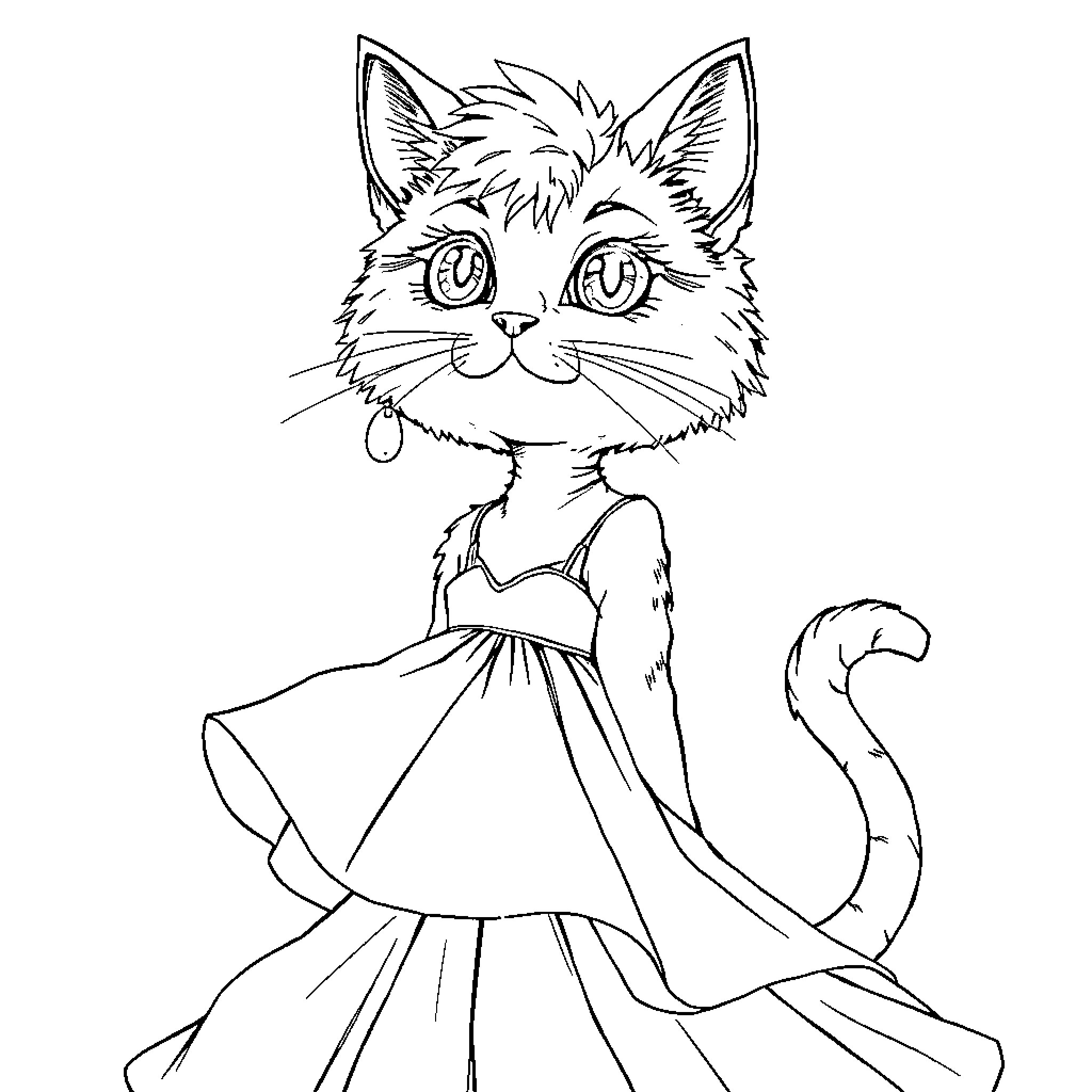 Cat in a Fancy Dress Coloring Page (free black-and-white line drawing printable PDF for all, from beginners to advanced learners, including children, teens, adults, and seniors)