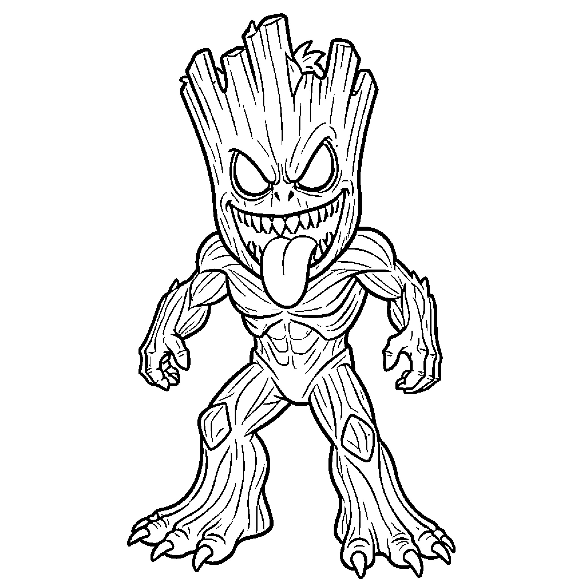 Groot displaying a fearsome expression in battle-ready stance Coloring Page (free black-and-white line drawing printable PDF for all, from beginners to advanced learners, including children, teens, adults, and seniors)
