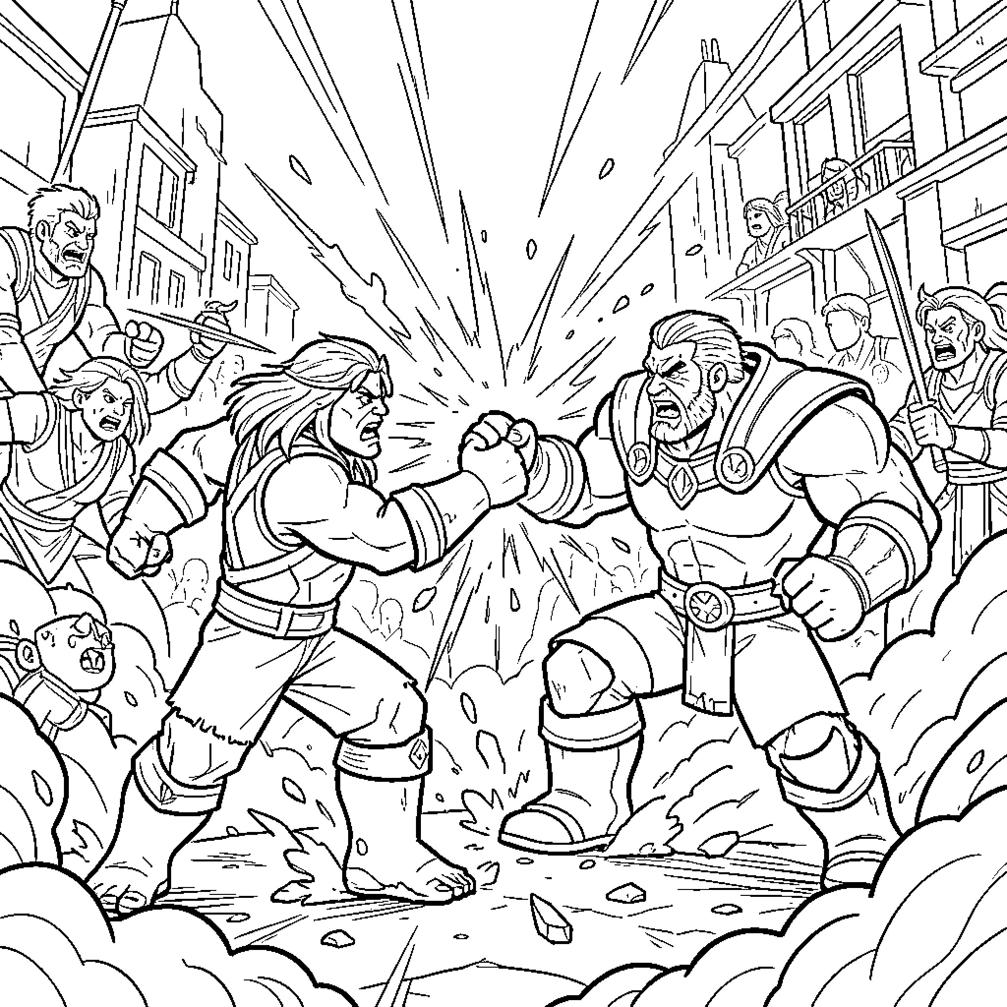 Kai fighting a powerful warrior in a town street Coloring Page (free black-and-white line drawing printable PDF for all, from beginners to advanced learners, including children, teens, adults, and seniors)