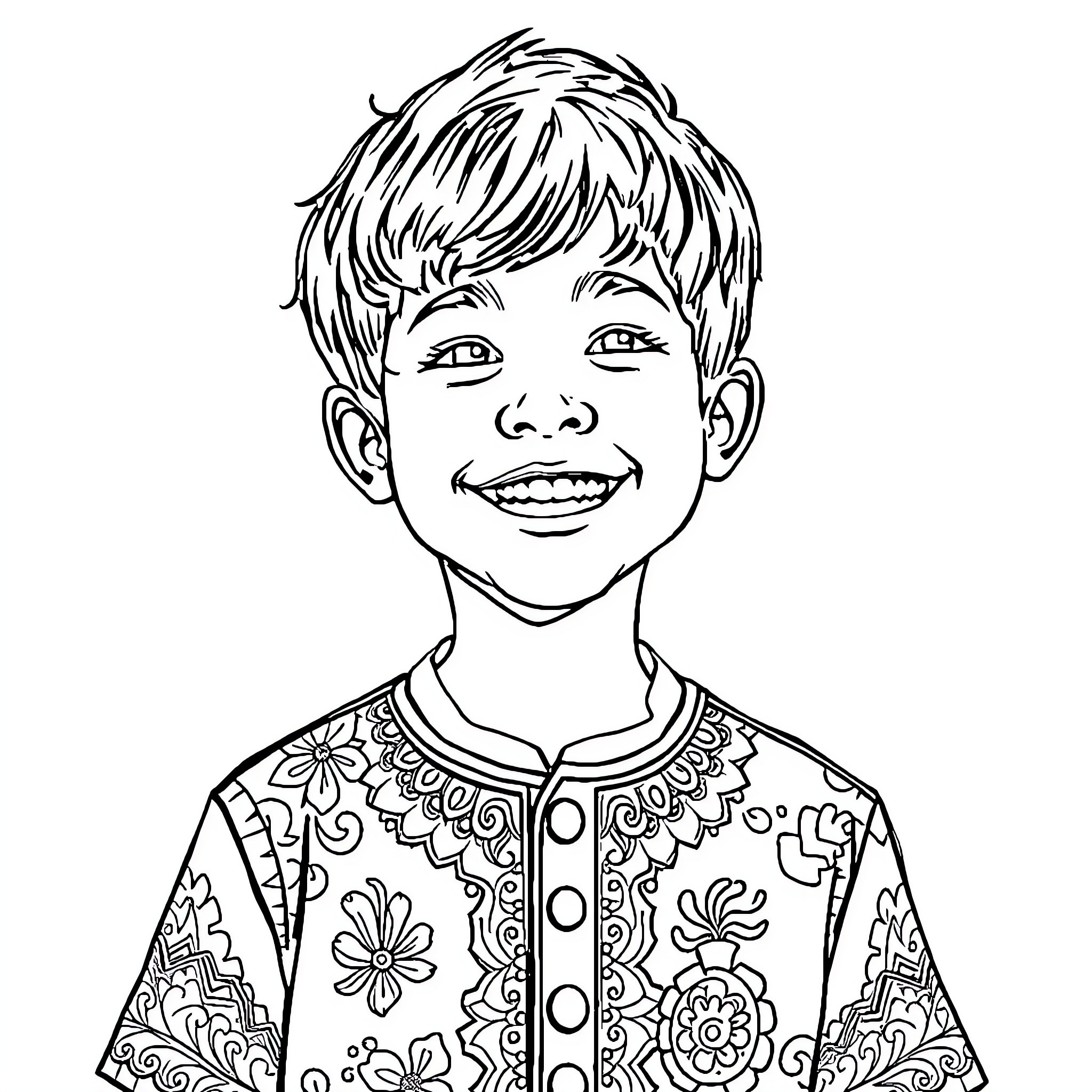 Boy with a Cheerful Expression in Ornate Clothing Coloring Page (free black-and-white line drawing printable PDF for all, from beginners to advanced learners, including children, teens, adults, and seniors)