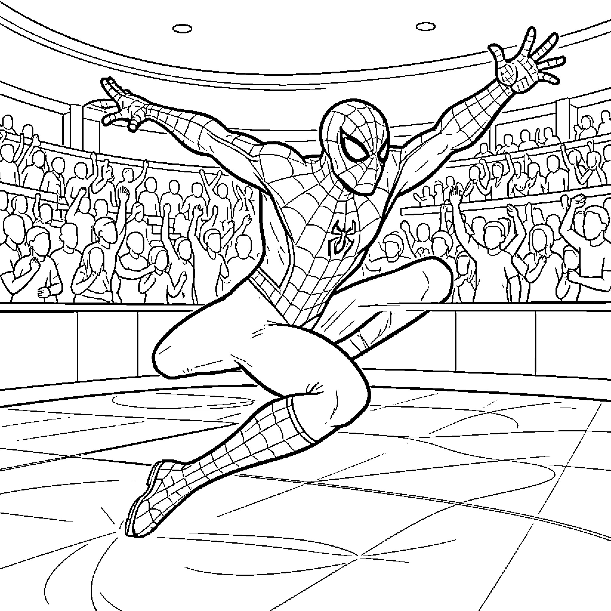 Spider-Man jumping dynamically in front of a cheering crowd Coloring Page (free black-and-white line drawing printable PDF for all, from beginners to advanced learners, including children, teens, adults, and seniors)