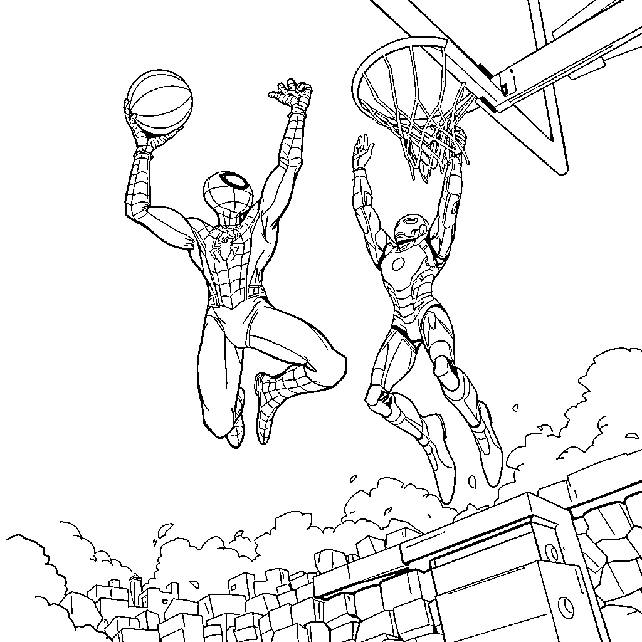 Spiderman swinging and dunking a basketball Coloring Page (free black-and-white line drawing printable PDF for all, from beginners to advanced learners, including children, teens, adults, and seniors)