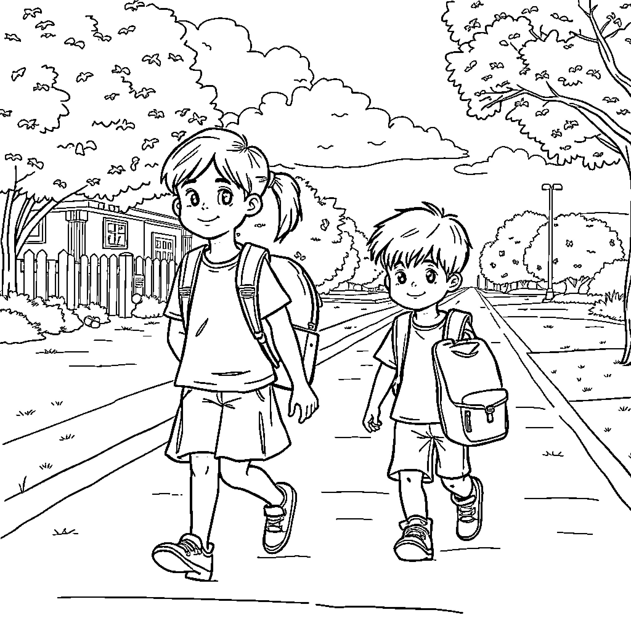 Child siblings walking to school on a sunny day Coloring Page (free black-and-white line drawing printable PDF for all, from beginners to advanced learners, including children, teens, adults, and seniors)