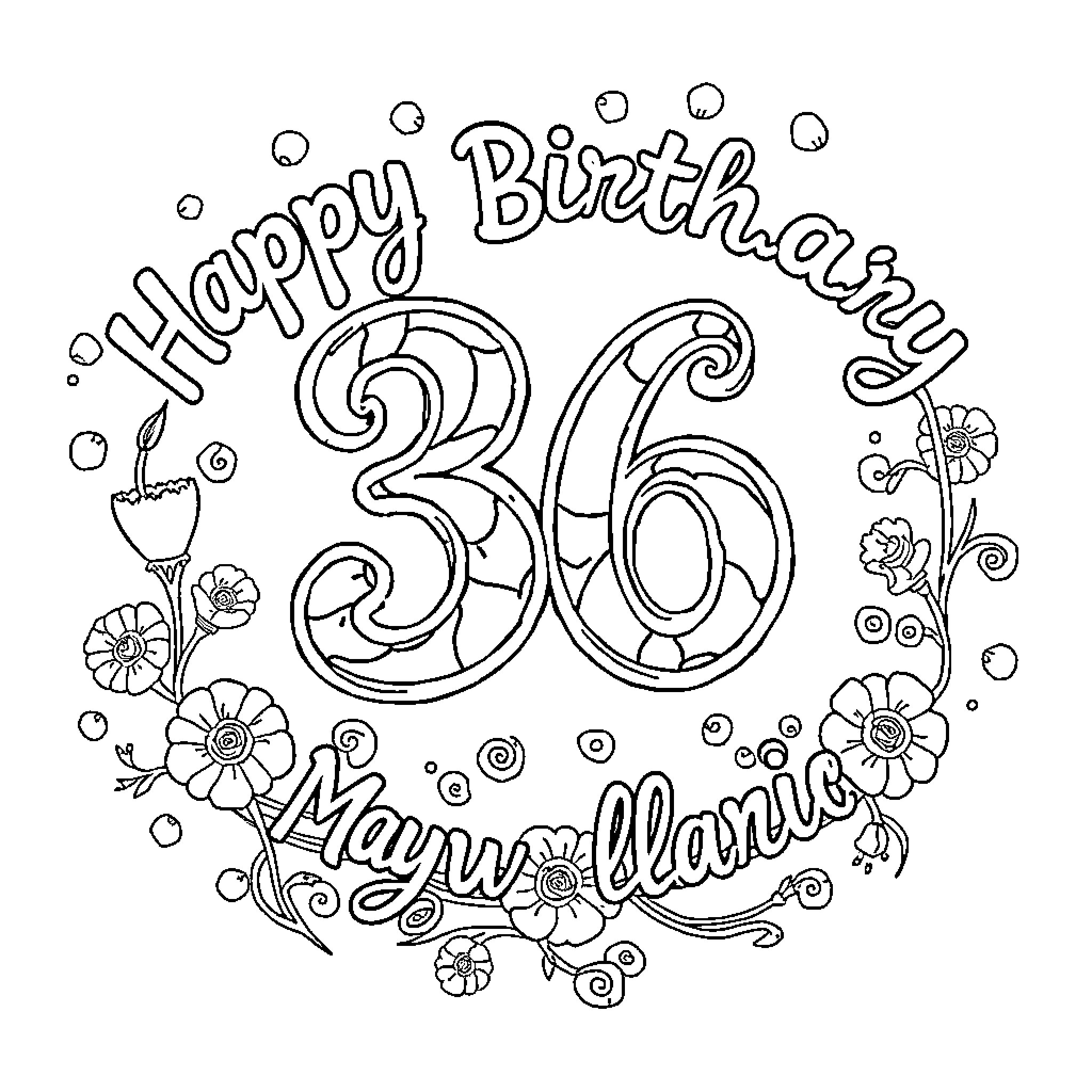 Birthday Card with Colorful Floral Decorations Coloring Page (free black-and-white line drawing printable PDF for all, from beginners to advanced learners, including children, teens, adults, and seniors)