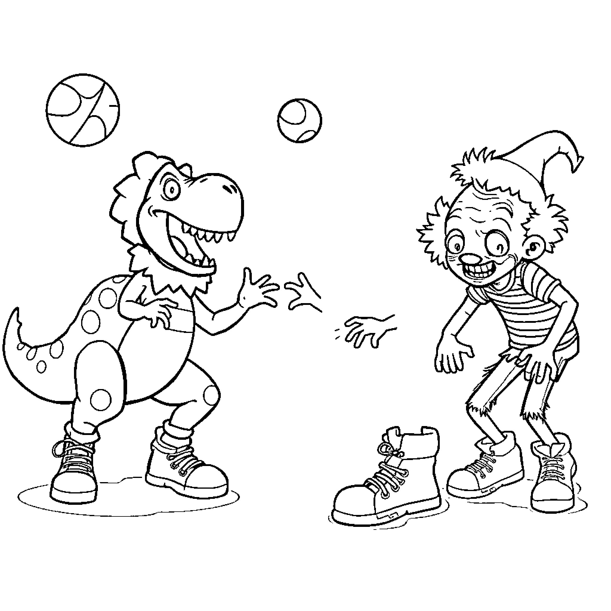 Dinosaur friends playing with balls Coloring Page (free black-and-white line drawing printable PDF for all, from beginners to advanced learners, including children, teens, adults, and seniors)