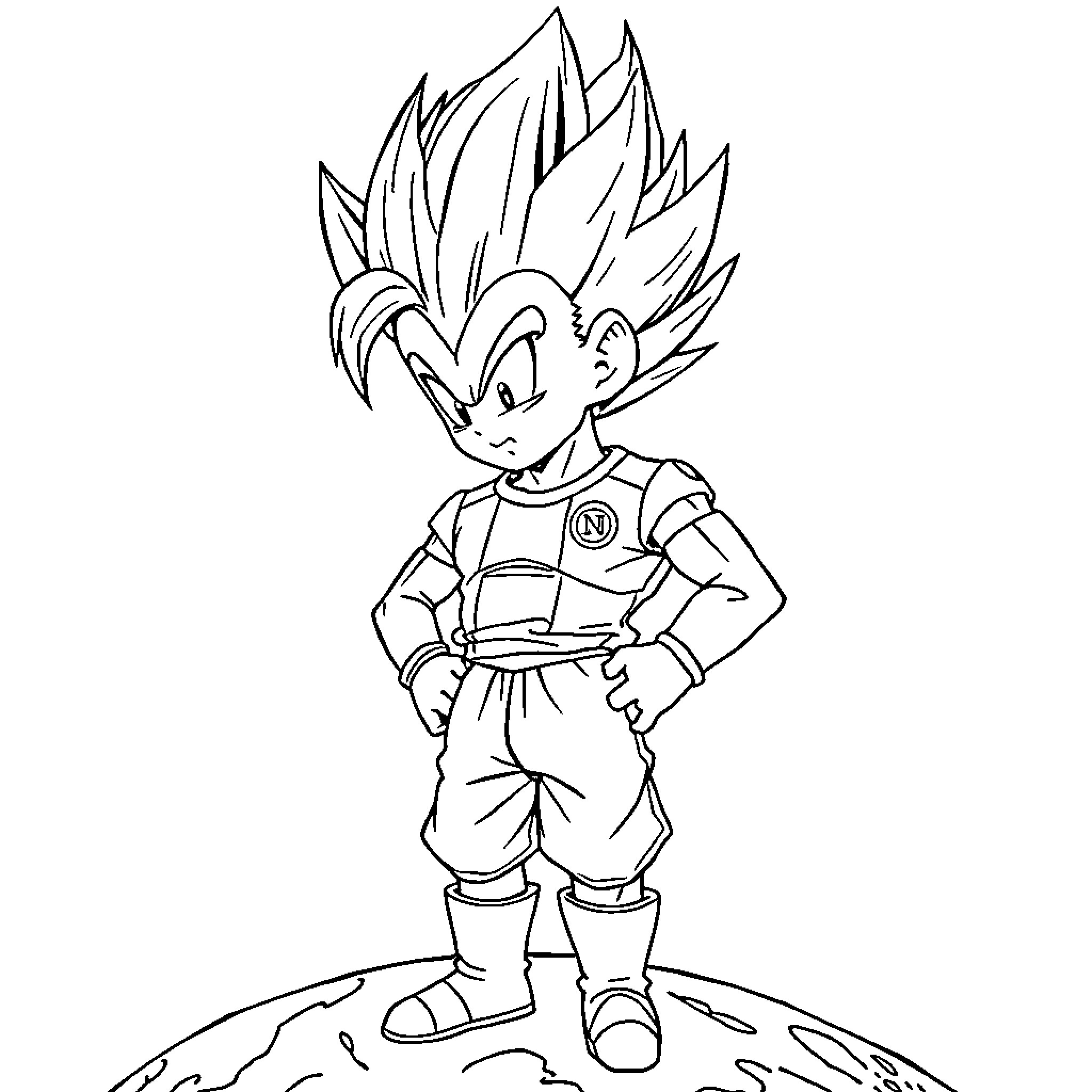 Vegeta standing in combat stance with intense expression Coloring Page (free black-and-white line drawing printable PDF for all, from beginners to advanced learners, including children, teens, adults, and seniors)