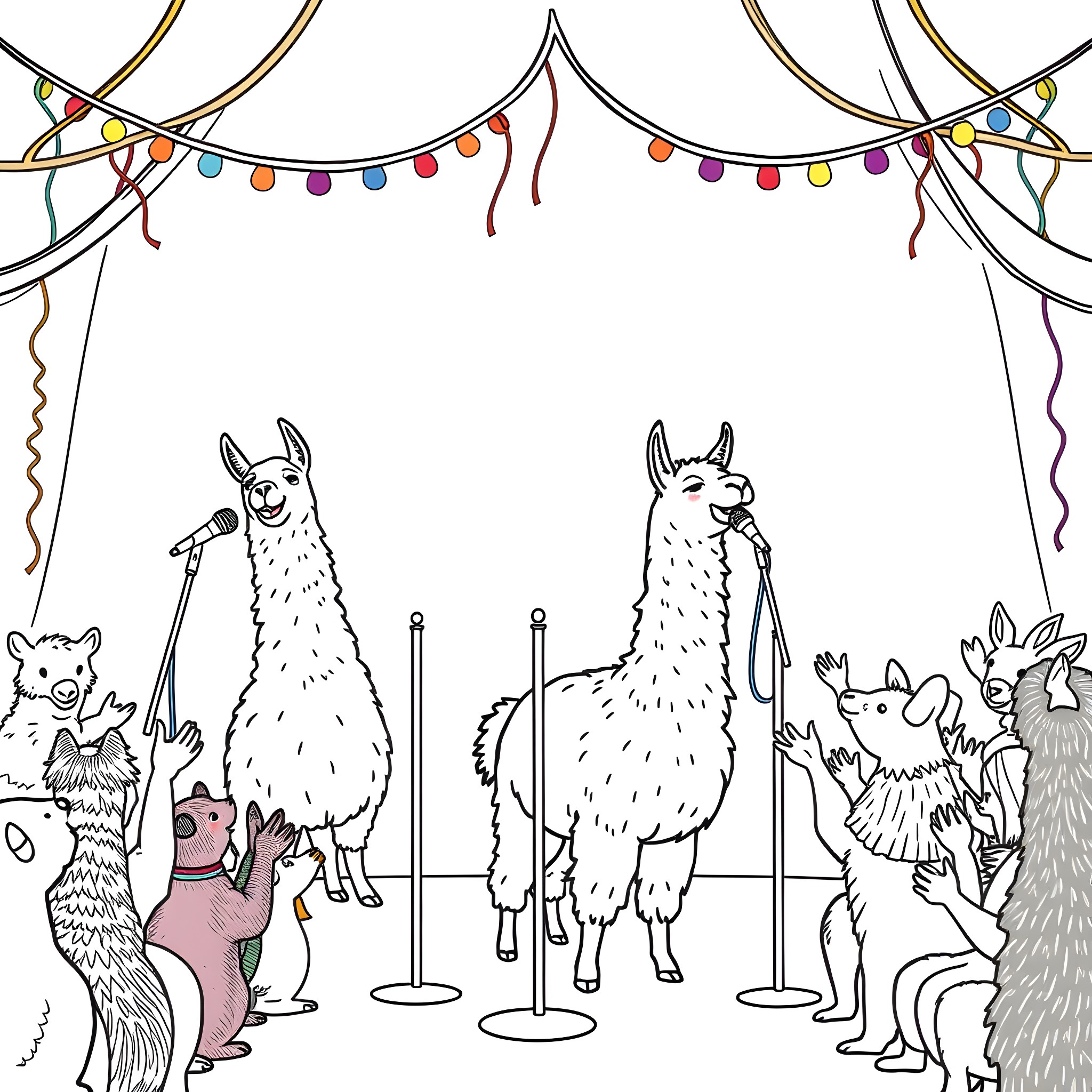 Llamas performing on stage with festive lighting Coloring Page (free black-and-white line drawing printable PDF for all, from beginners to advanced learners, including children, teens, adults, and seniors)