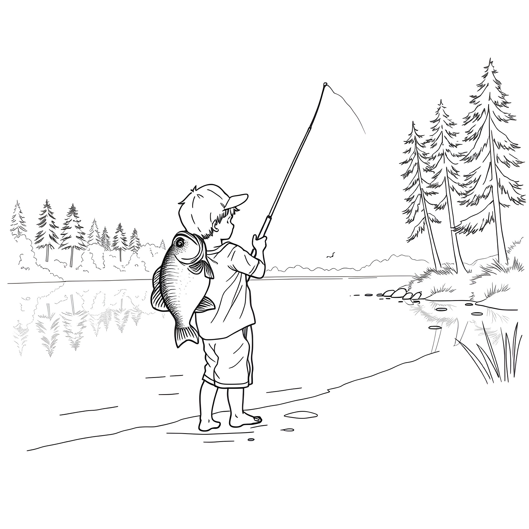 Kid fishing by the lake in the woods Coloring Page (free black-and-white line drawing printable PDF for all, from beginners to advanced learners, including children, teens, adults, and seniors)