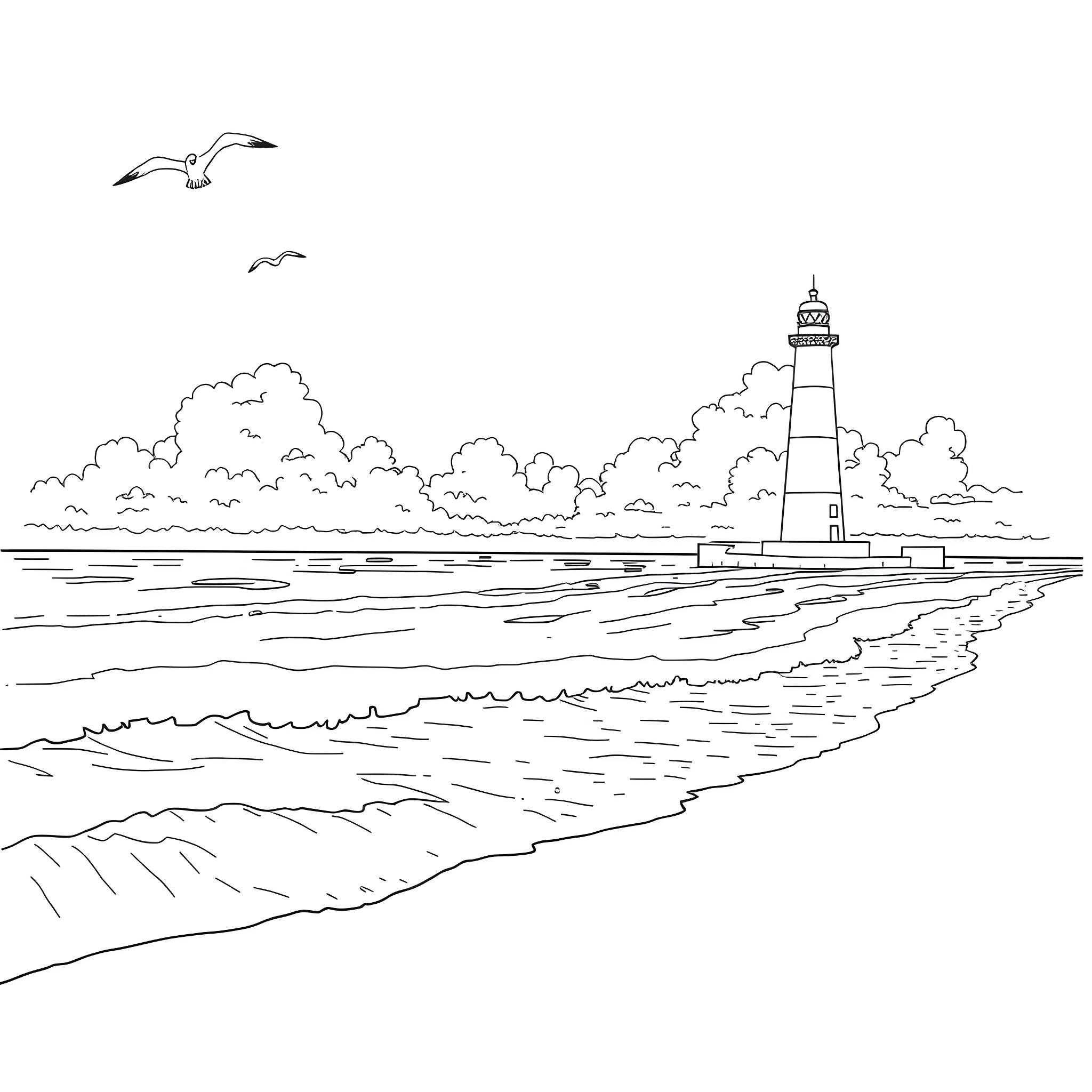 Lighthouse standing tall against a serene beach Coloring Page (free black-and-white line drawing printable PDF for all, from beginners to advanced learners, including children, teens, adults, and seniors)