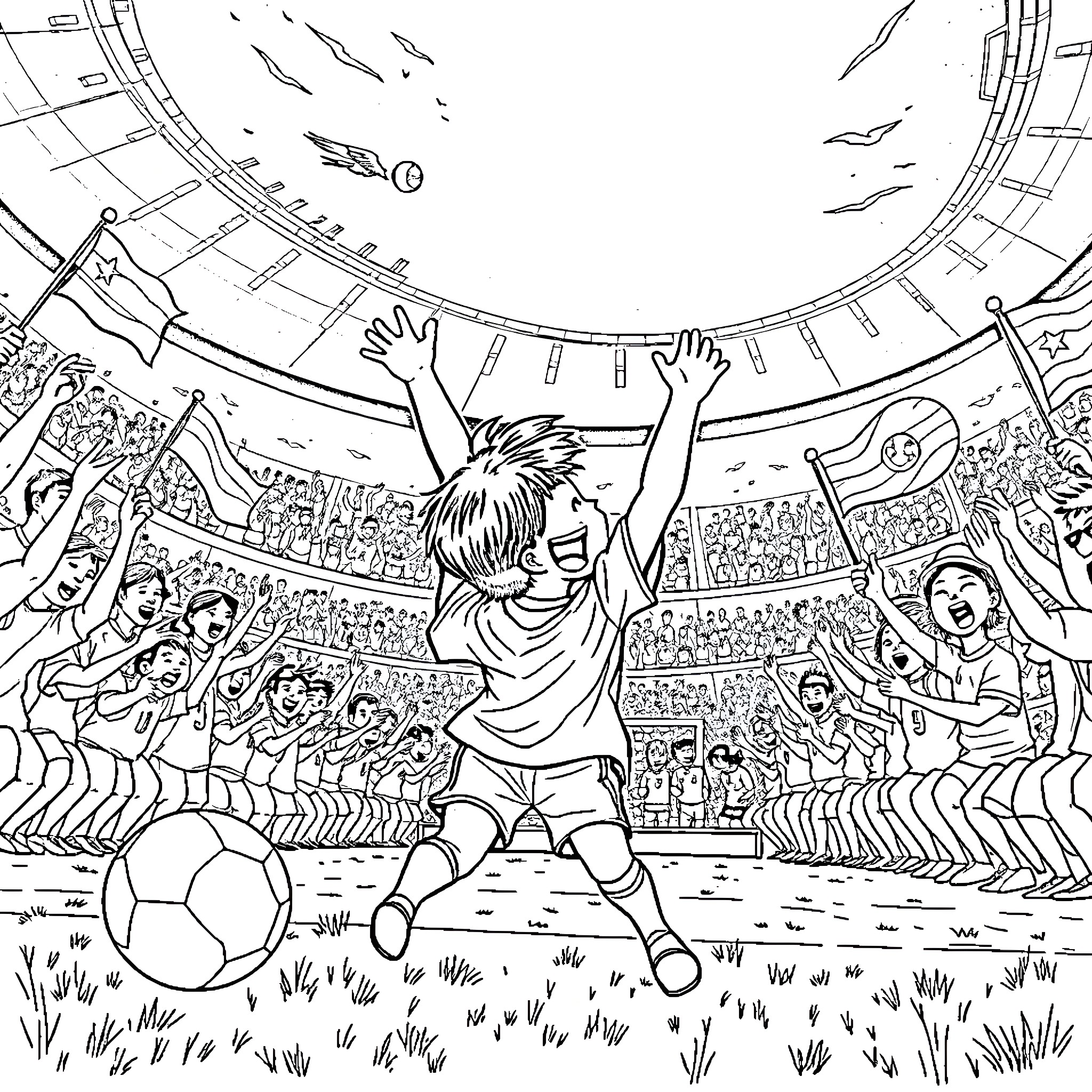 Child excitedly celebrating at a soccer stadium Coloring Page (free black-and-white line drawing printable PDF for all, from beginners to advanced learners, including children, teens, adults, and seniors)