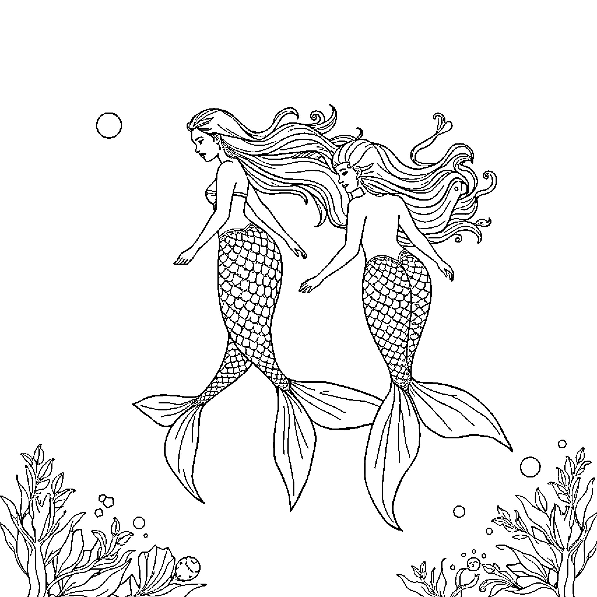 Mermaid sisters swimming gracefully underwater Coloring Page (free black-and-white line drawing printable PDF for all, from beginners to advanced learners, including children, teens, adults, and seniors)
