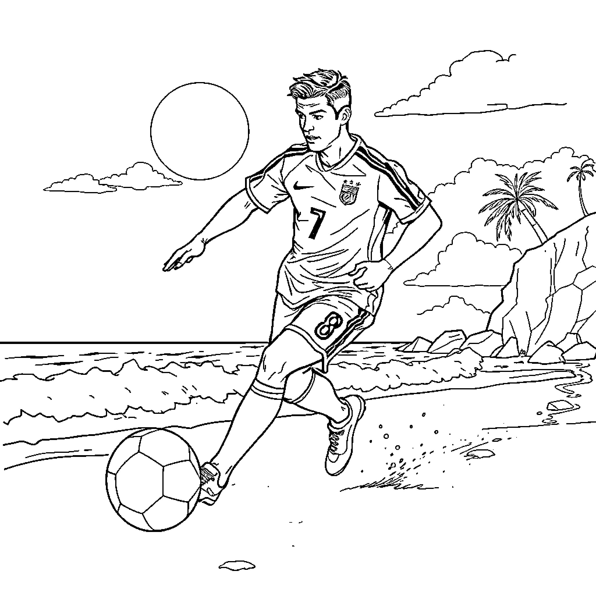 Ronaldo playing soccer on the beach Coloring Page (free black-and-white line drawing printable PDF for all, from beginners to advanced learners, including children, teens, adults, and seniors)