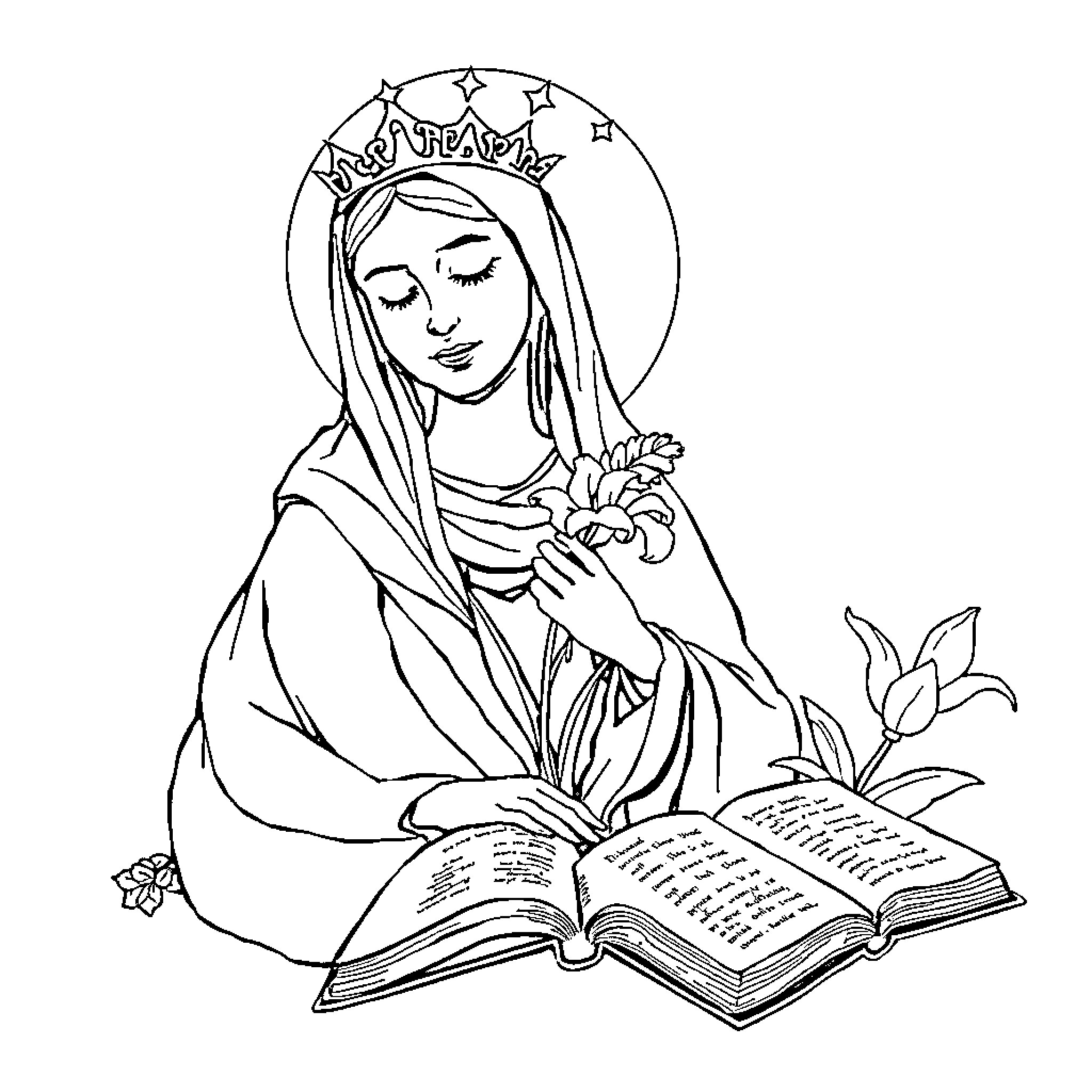 Mater reading a religious text with flowers Coloring Page (free black-and-white line drawing printable PDF for all, from beginners to advanced learners, including children, teens, adults, and seniors)