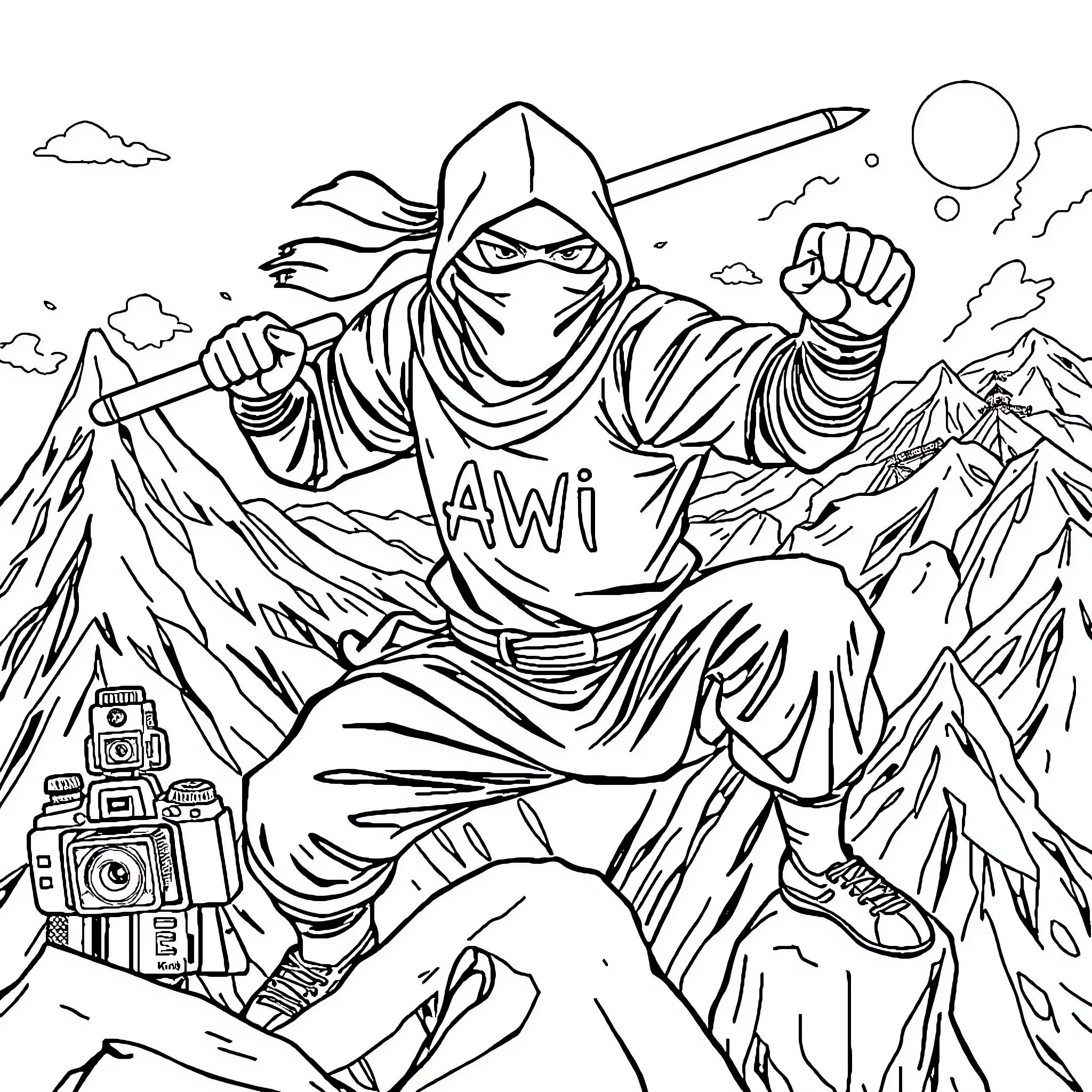 Ninja Warrior Scaling Treacherous Mountain Terrain Coloring Page (free black-and-white line drawing printable PDF for all, from beginners to advanced learners, including children, teens, adults, and seniors)