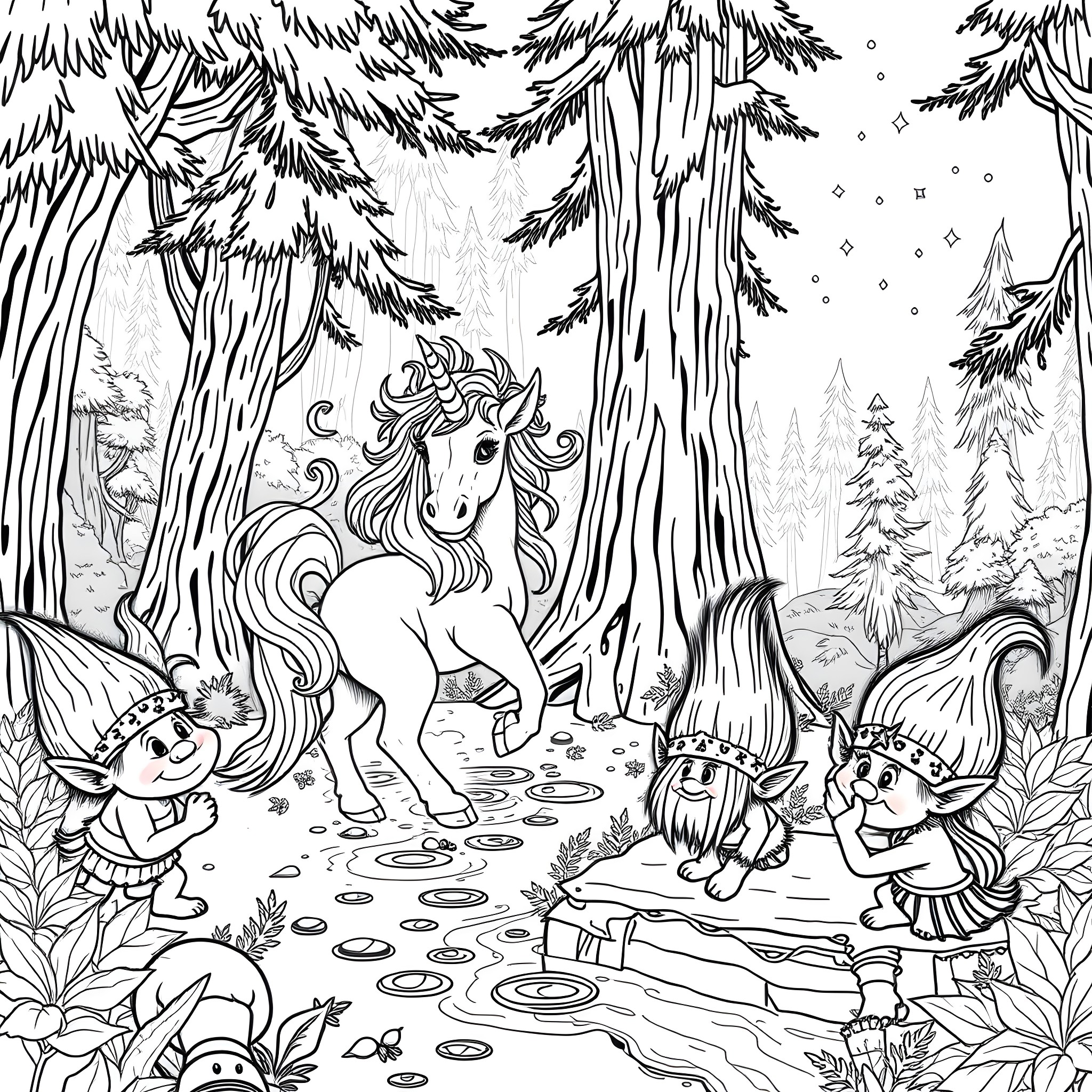 Troll and unicorn in a magical forest Coloring Page (free black-and-white line drawing printable PDF for all, from beginners to advanced learners, including children, teens, adults, and seniors)