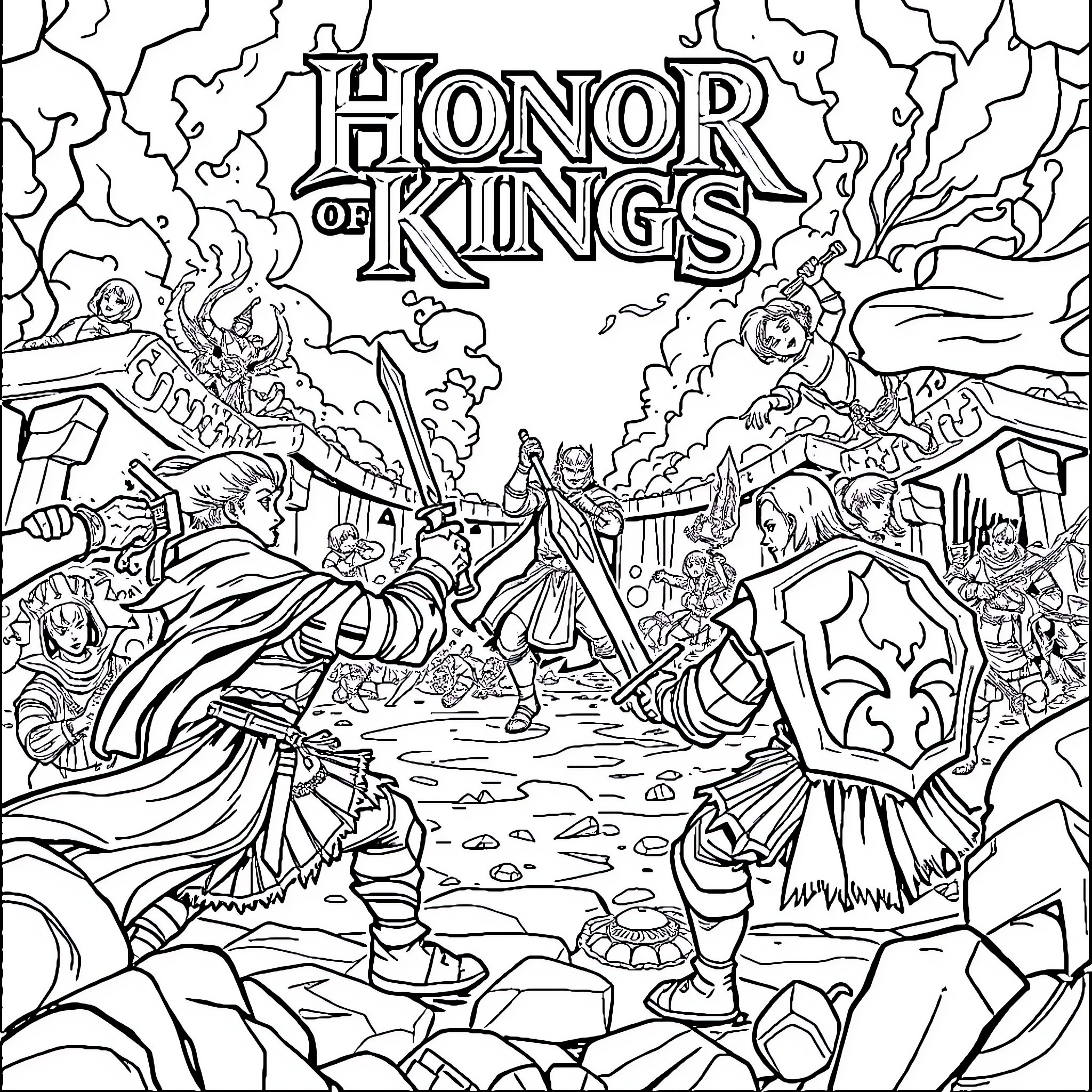 Honor of Kings: Epic Battle Between Heroic Warriors Coloring Page (free black-and-white line drawing printable PDF for all, from beginners to advanced learners, including children, teens, adults, and seniors)