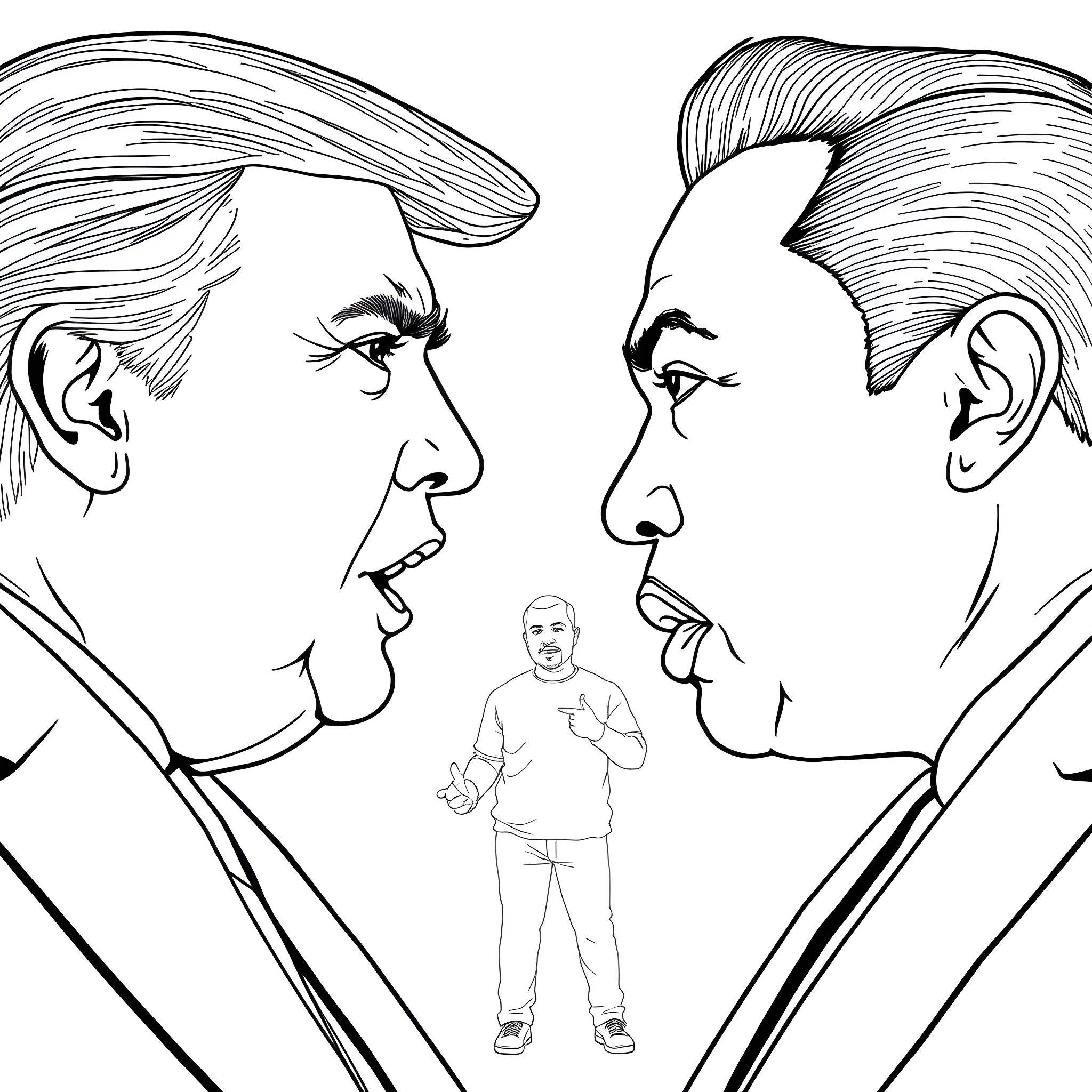 Donald Trump and Kim Jong-un face to face confrontation Coloring Page (free black-and-white line drawing printable PDF for all, from beginners to advanced learners, including children, teens, adults, and seniors)
