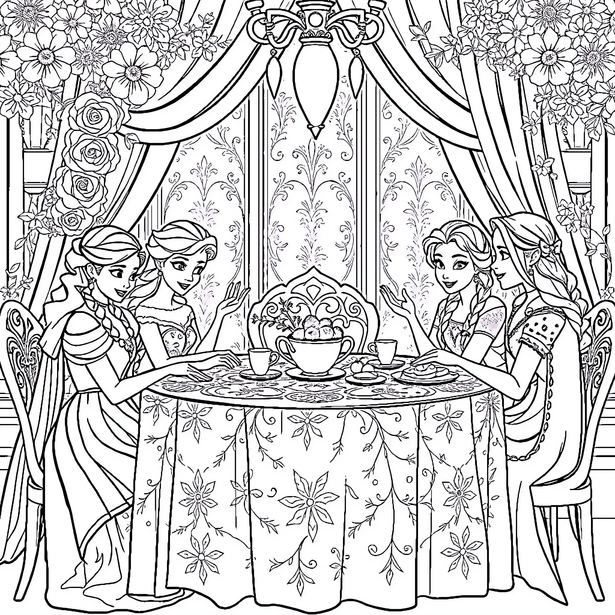 Princess Gathering for a Royal Tea Party Coloring Page (free black-and-white line drawing printable PDF for all, from beginners to advanced learners, including children, teens, adults, and seniors)