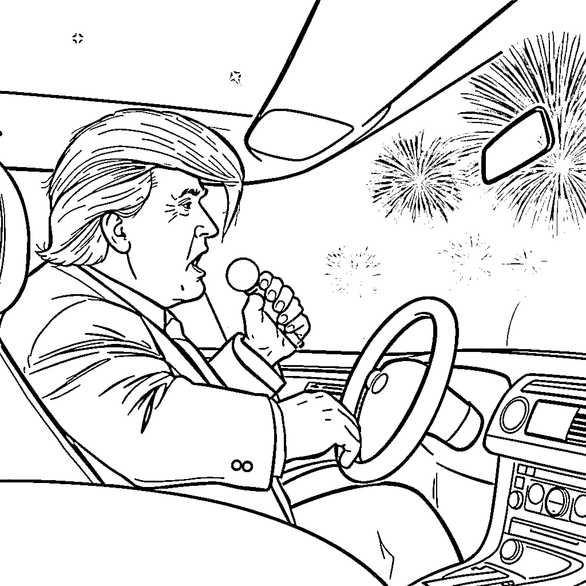 Trump driving a car with fireworks in the background Coloring Page (free black-and-white line drawing printable PDF for all, from beginners to advanced learners, including children, teens, adults, and seniors)