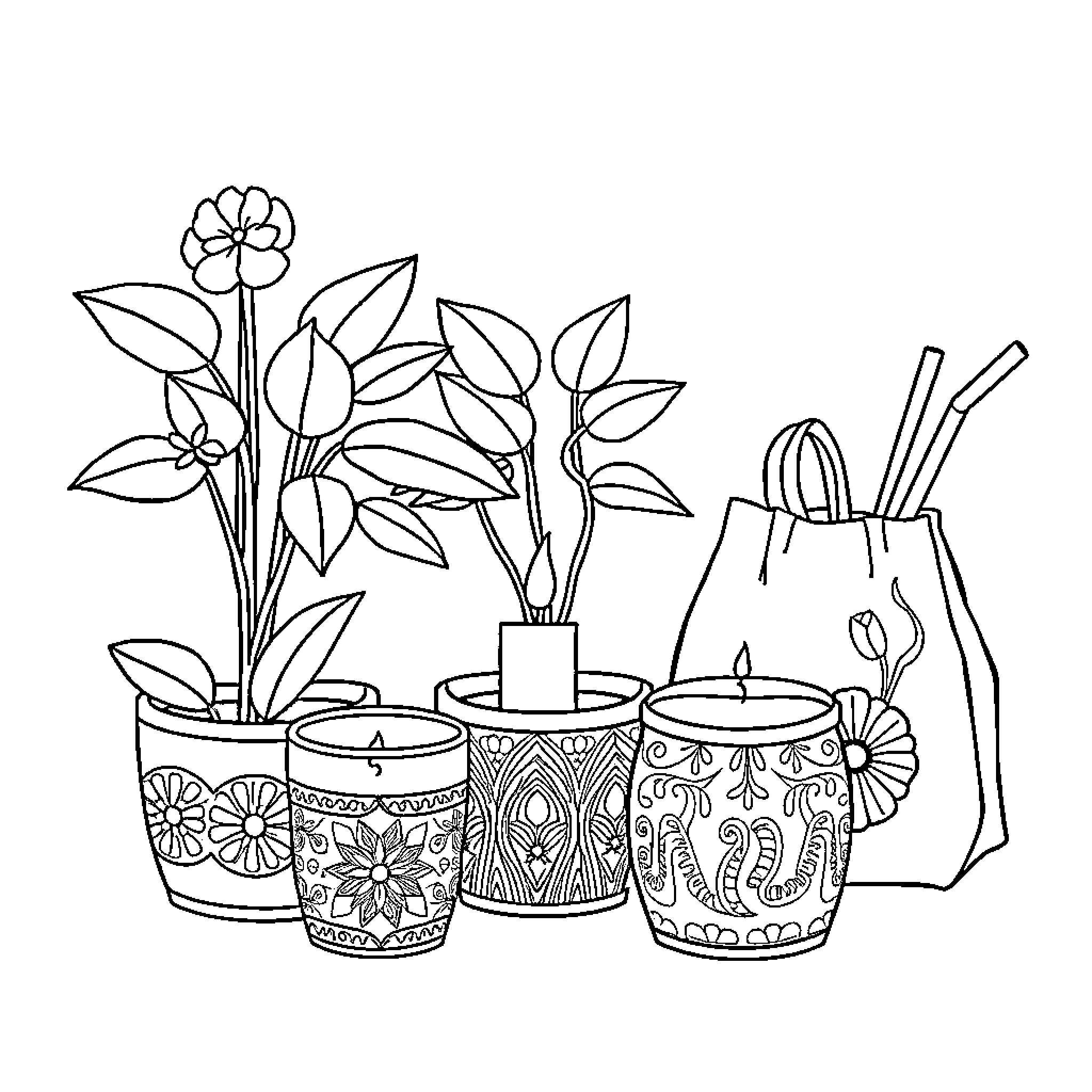 Gift of Flowers and Decorative Pots Coloring Page (free black-and-white line drawing printable PDF for all, from beginners to advanced learners, including children, teens, adults, and seniors)