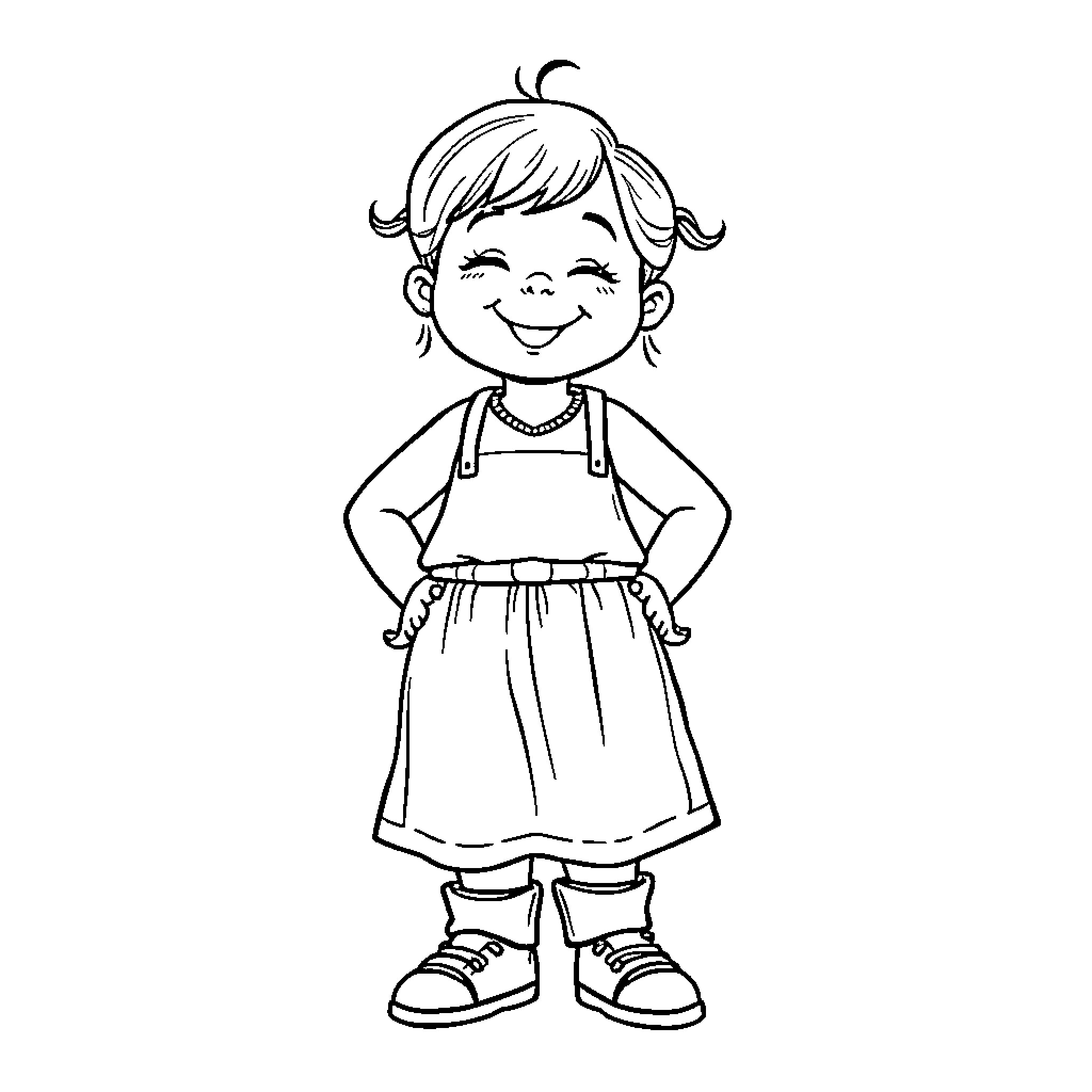 Girl in Happy Dress and Shoes Coloring Page (free black-and-white line drawing printable PDF for all, from beginners to advanced learners, including children, teens, adults, and seniors)