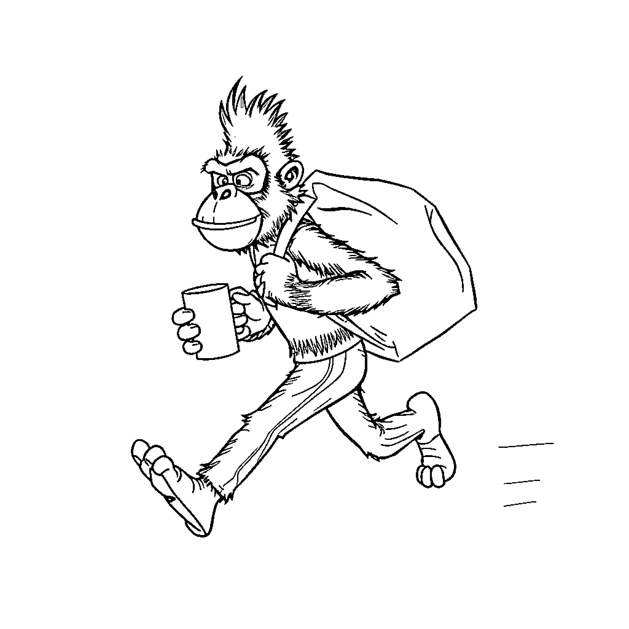 2-D Mischievous Monkey with Beverage on the Move Coloring Page (free black-and-white line drawing printable PDF for all, from beginners to advanced learners, including children, teens, adults, and seniors)
