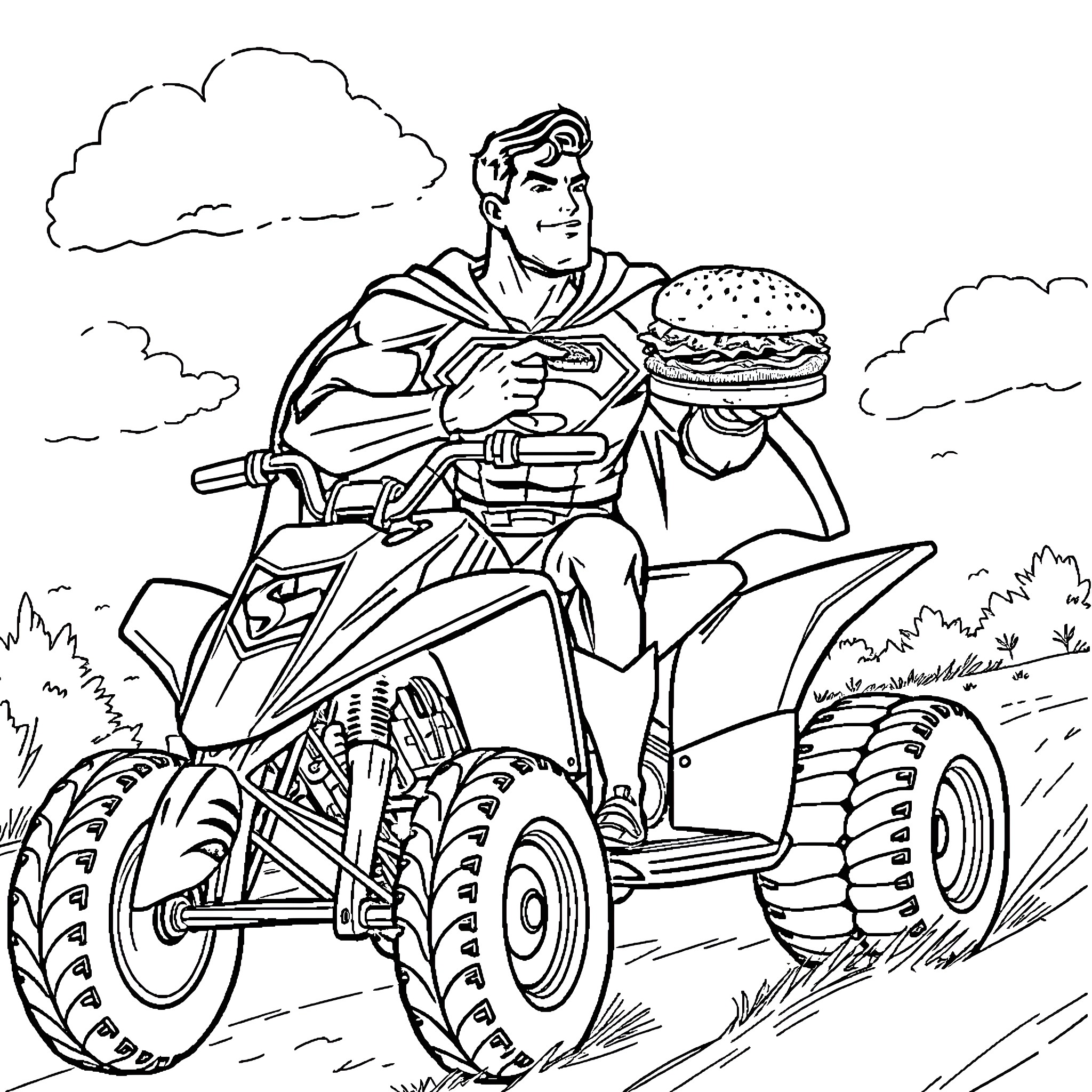 Superman enjoying a burger on an ATV Coloring Page (free black-and-white line drawing printable PDF for all, from beginners to advanced learners, including children, teens, adults, and seniors)