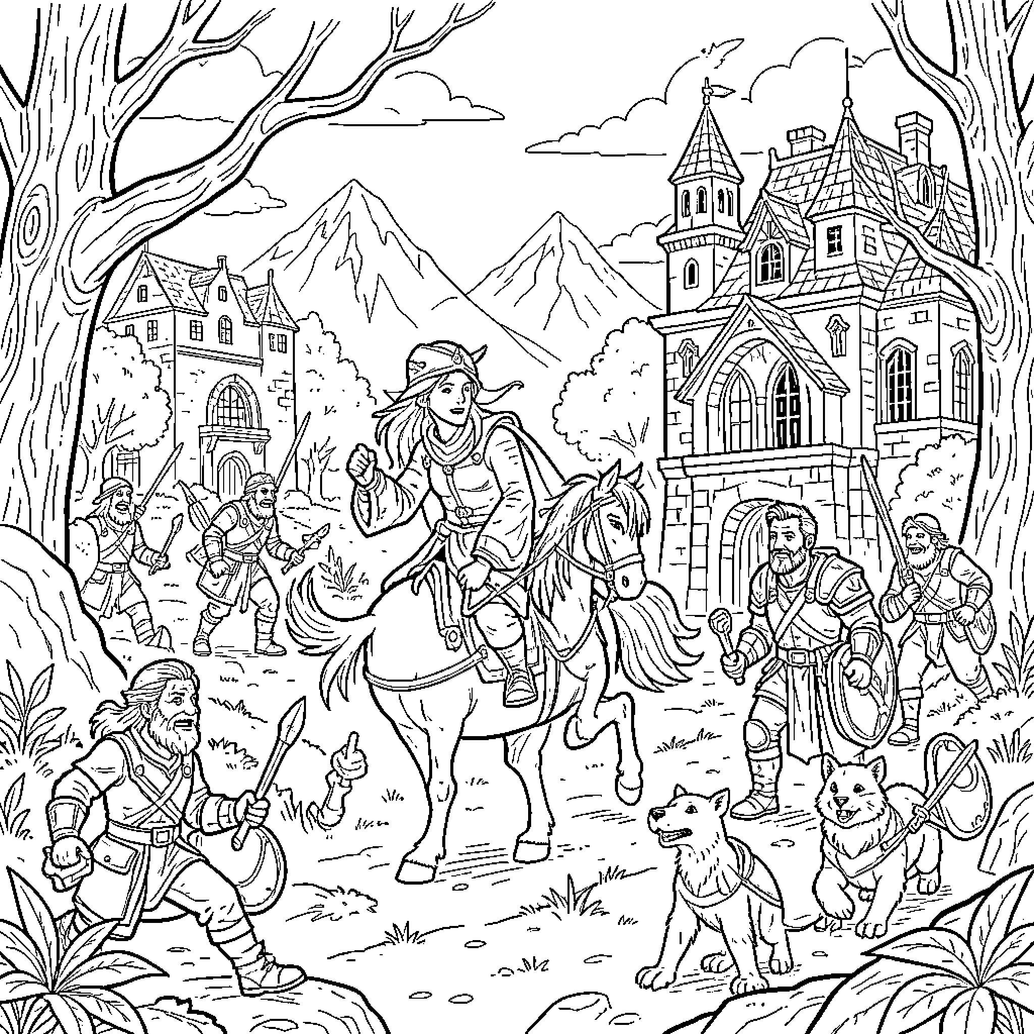 Quest of the heroic riders and brave warriors Coloring Page (free black-and-white line drawing printable PDF for all, from beginners to advanced learners, including children, teens, adults, and seniors)