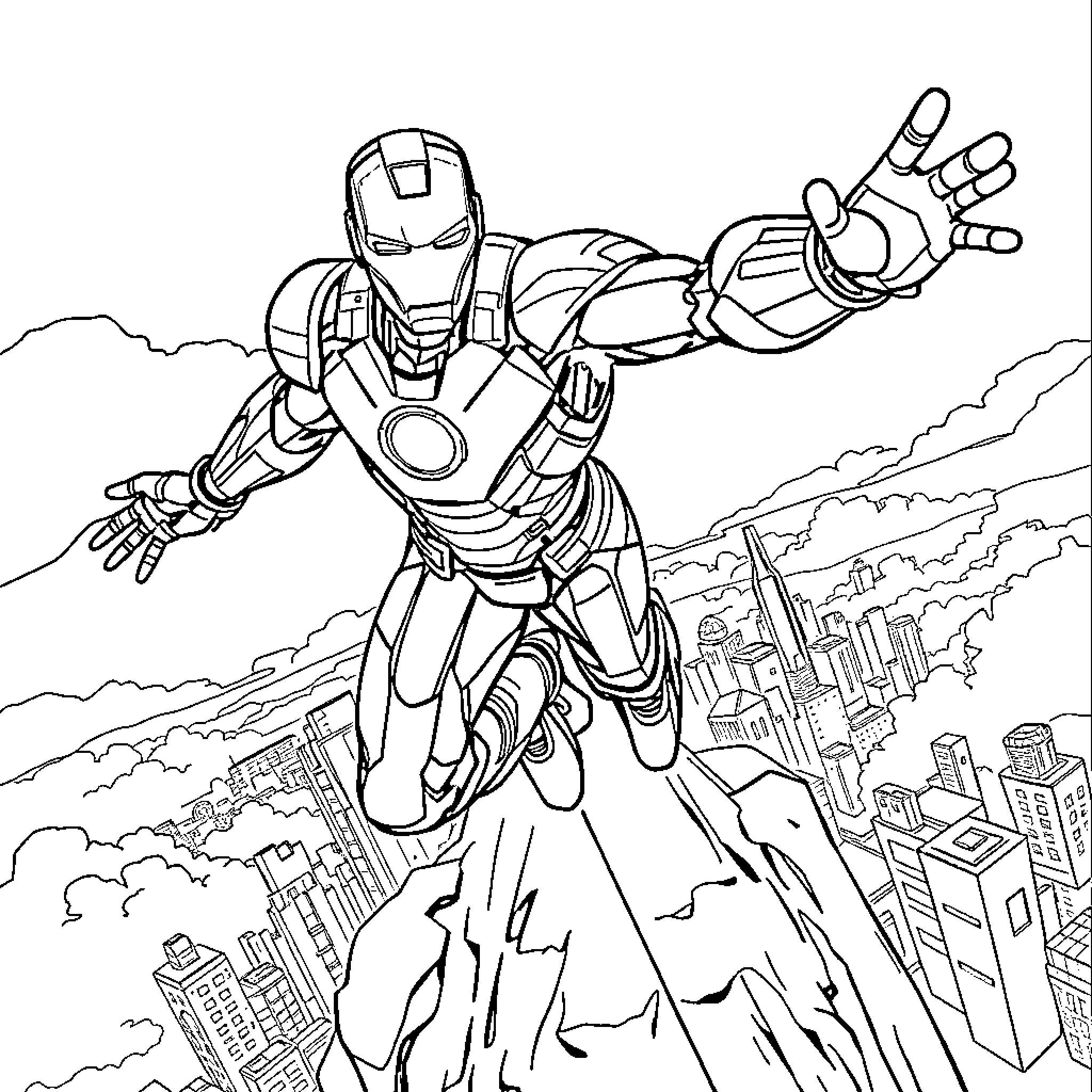 Iron Man flying over the city skyline Coloring Page (free black-and-white line drawing printable PDF for all, from beginners to advanced learners, including children, teens, adults, and seniors)