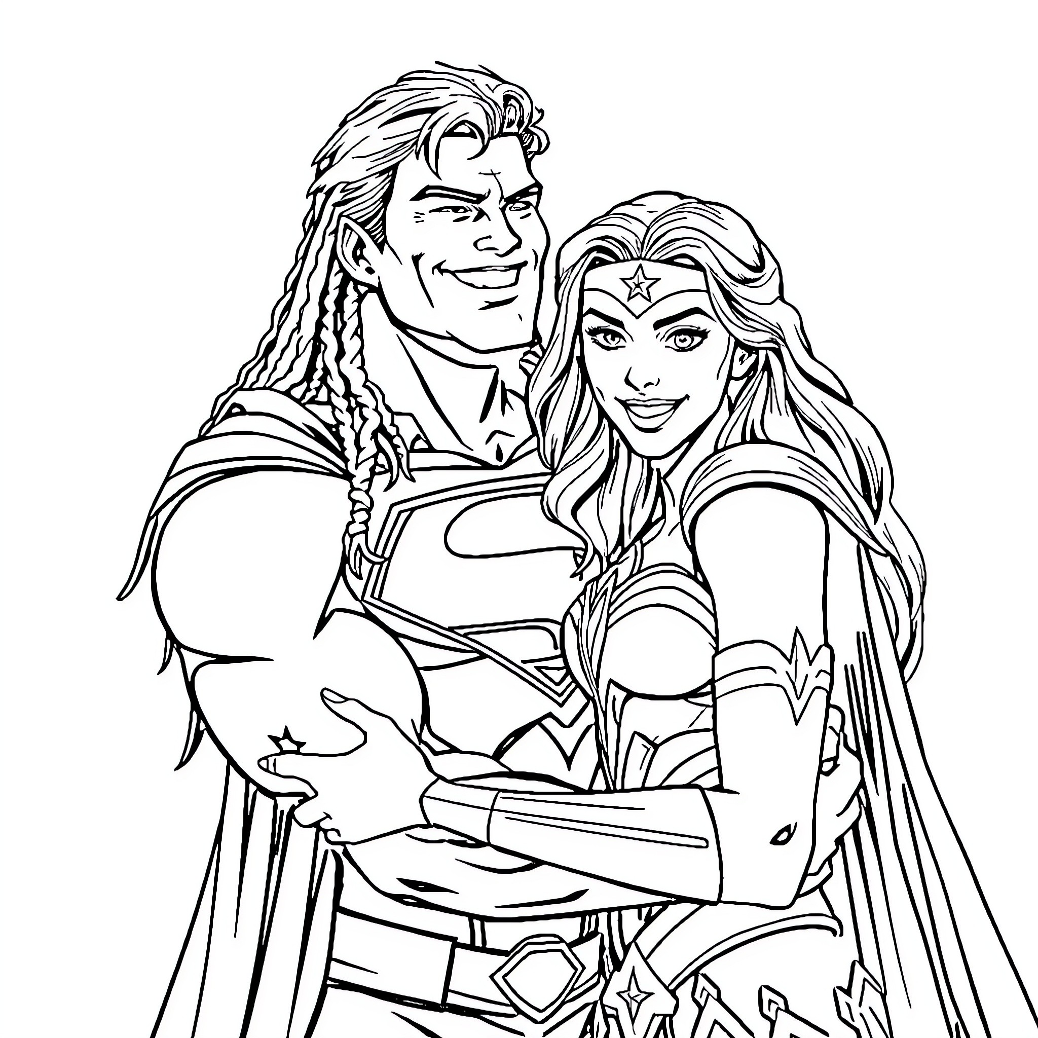 Superman and Wonder Woman in heroic embrace Coloring Page (free black-and-white line drawing printable PDF for all, from beginners to advanced learners, including children, teens, adults, and seniors)