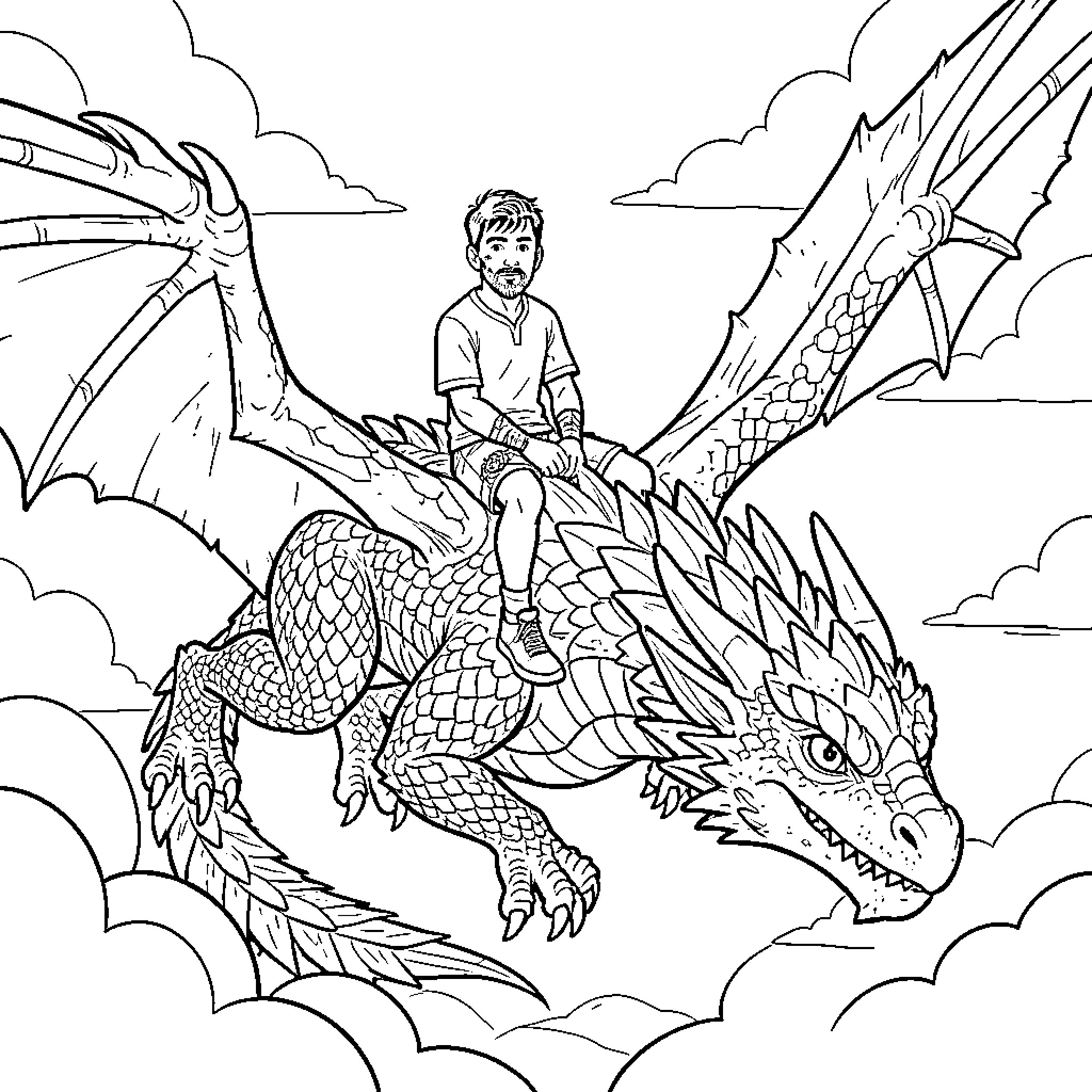 Lion-hearted man riding a dragon through the clouds Coloring Page (free black-and-white line drawing printable PDF for all, from beginners to advanced learners, including children, teens, adults, and seniors)