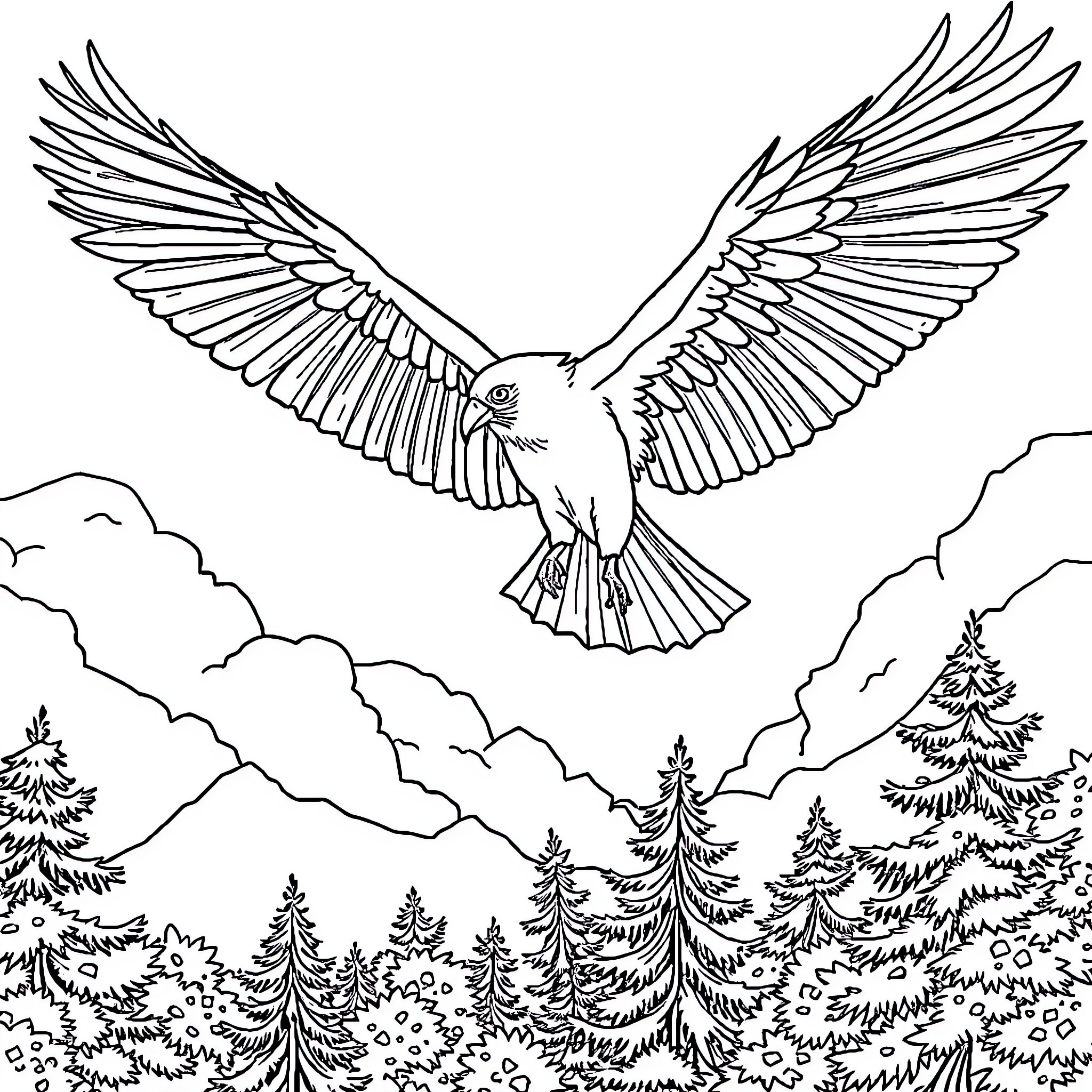 Eagle soaring triumphantly over mountain landscape Coloring Page (free black-and-white line drawing printable PDF for all, from beginners to advanced learners, including children, teens, adults, and seniors)
