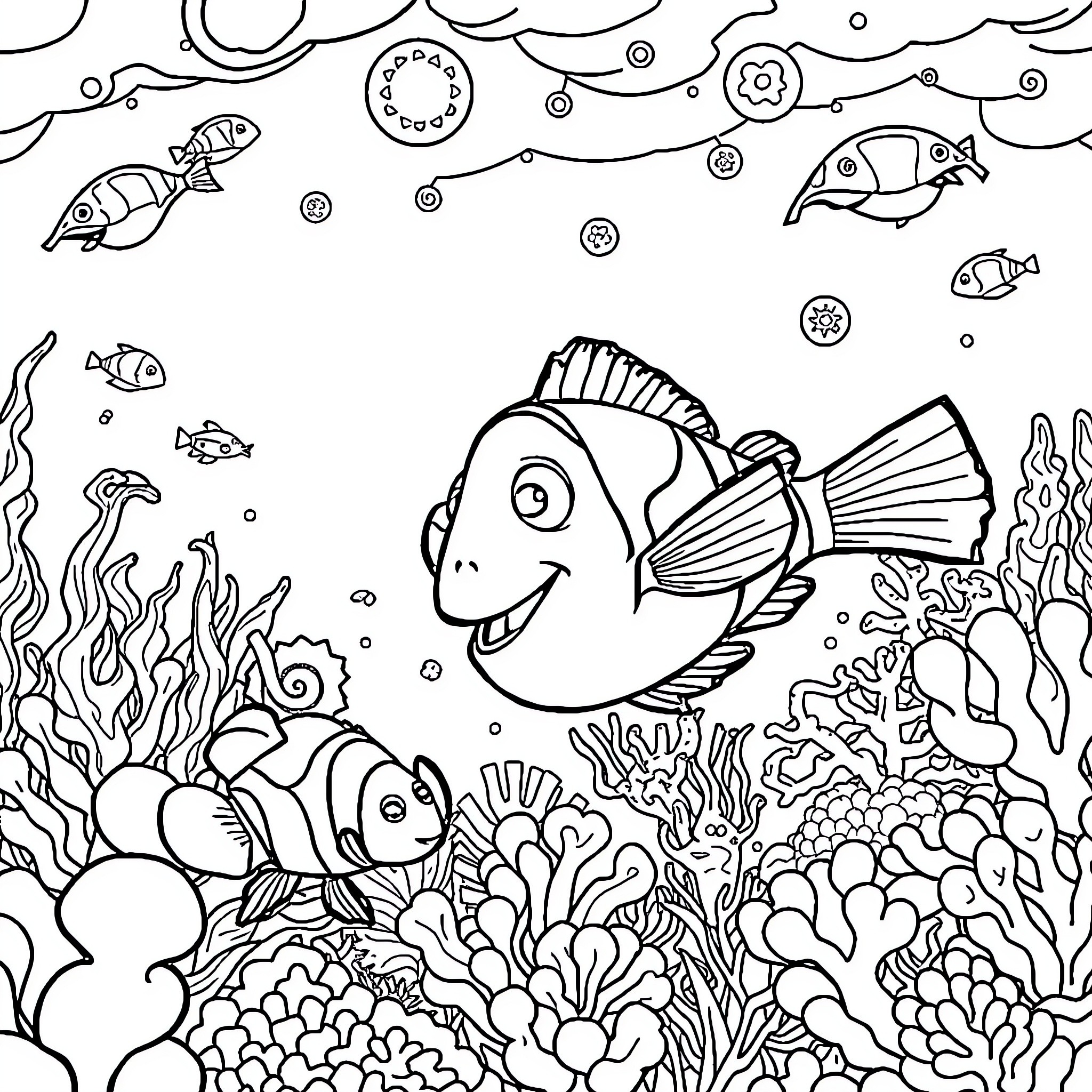 Nemo and friends explore the vibrant underwater world Coloring Page (free black-and-white line drawing printable PDF for all, from beginners to advanced learners, including children, teens, adults, and seniors)