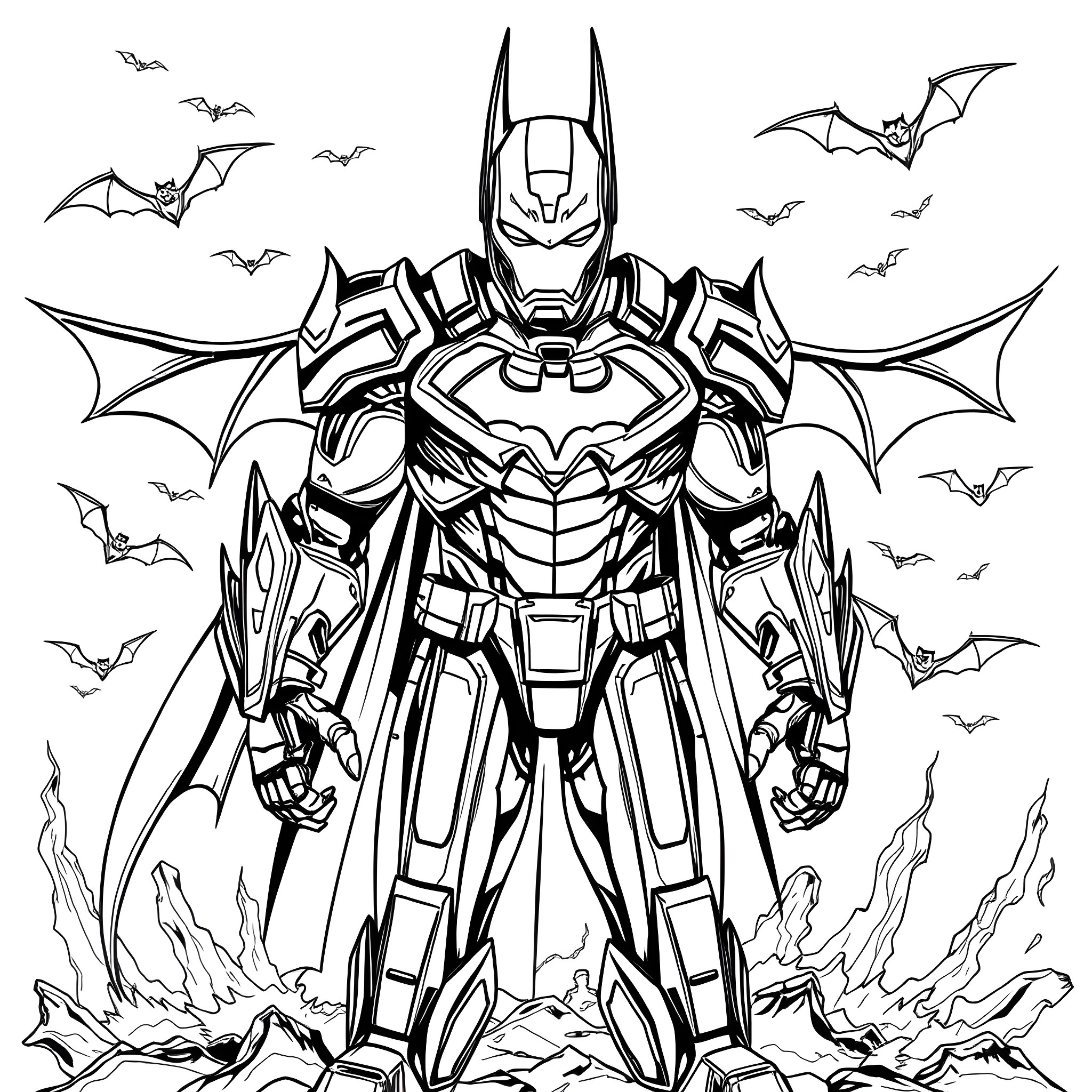 Batman Battling Menacing Foes in Dramatic Pose Coloring Page (free black-and-white line drawing printable PDF for all, from beginners to advanced learners, including children, teens, adults, and seniors)