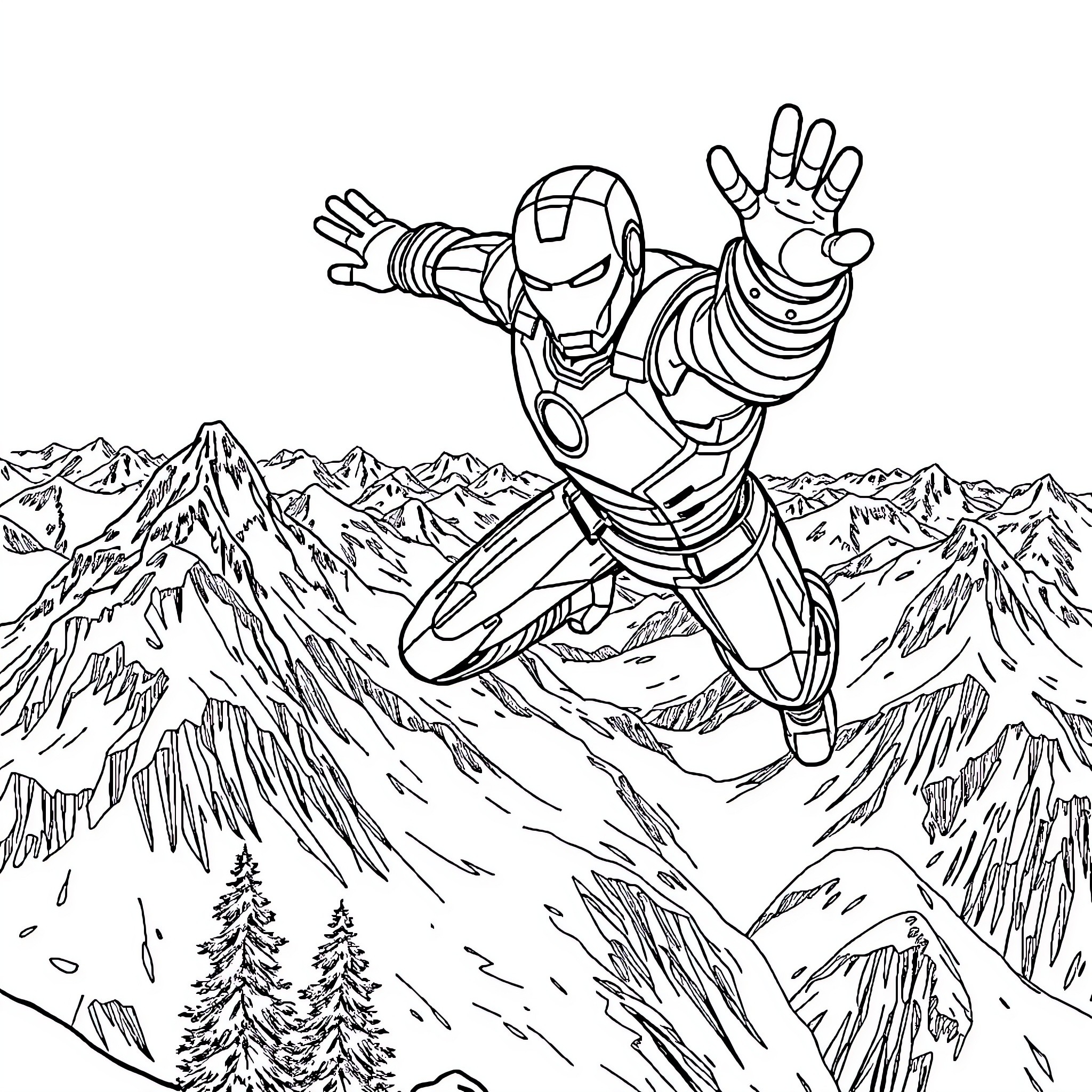Ironman soaring through the mountainous landscape Coloring Page (free black-and-white line drawing printable PDF for all, from beginners to advanced learners, including children, teens, adults, and seniors)