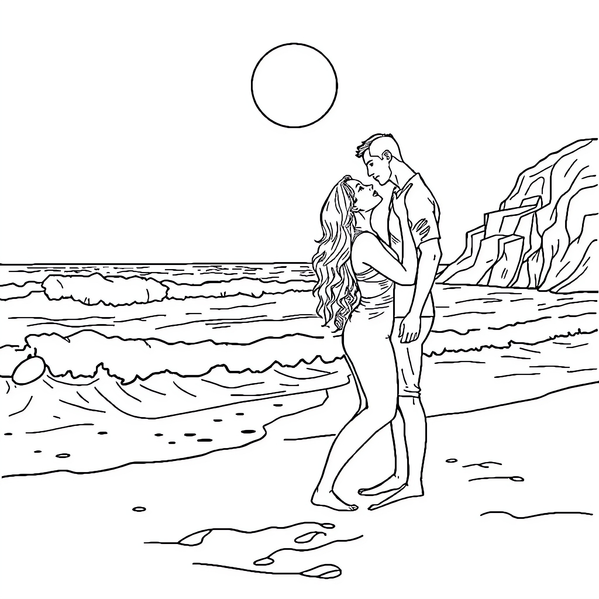 Woman and man embracing on the beach Coloring Page (free black-and-white line drawing printable PDF for all, from beginners to advanced learners, including children, teens, adults, and seniors)