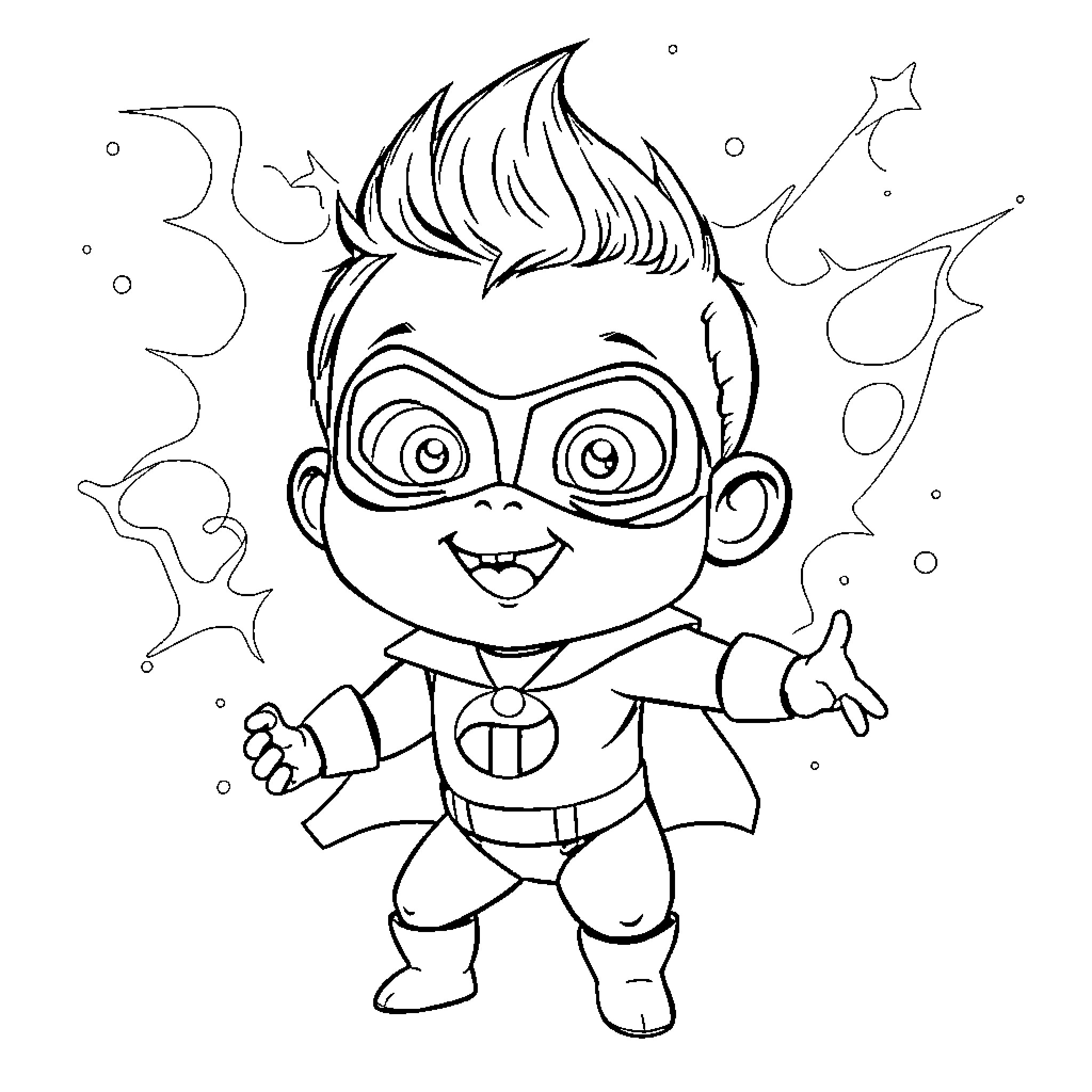 Jackjack in superhero outfit poses playfully Coloring Page (free black-and-white line drawing printable PDF for all, from beginners to advanced learners, including children, teens, adults, and seniors)
