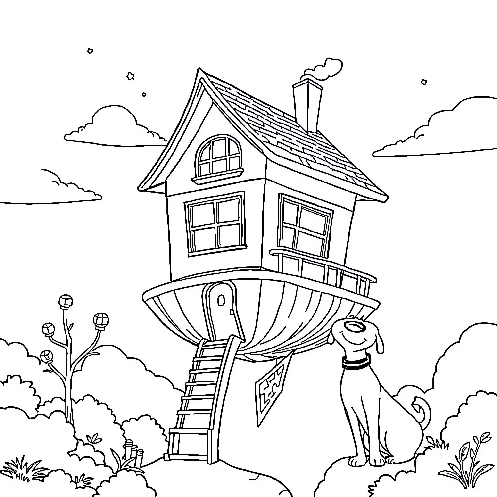 Disney Whimsical Treehouse with Pet Companion Coloring Page (free black-and-white line drawing printable PDF for all, from beginners to advanced learners, including children, teens, adults, and seniors)