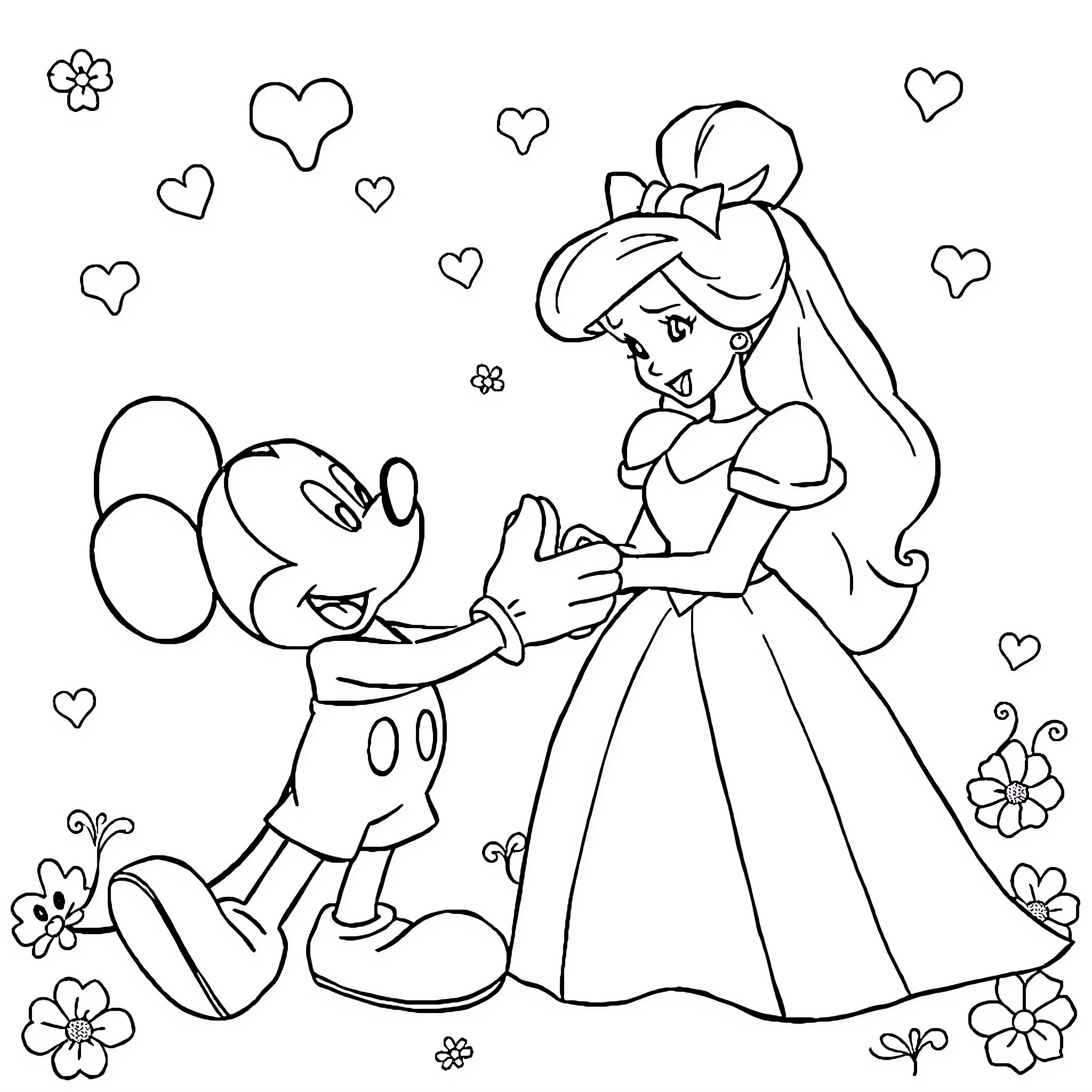 Disney Character in Romantic Scene with Flowers Coloring Page (free black-and-white line drawing printable PDF for all, from beginners to advanced learners, including children, teens, adults, and seniors)